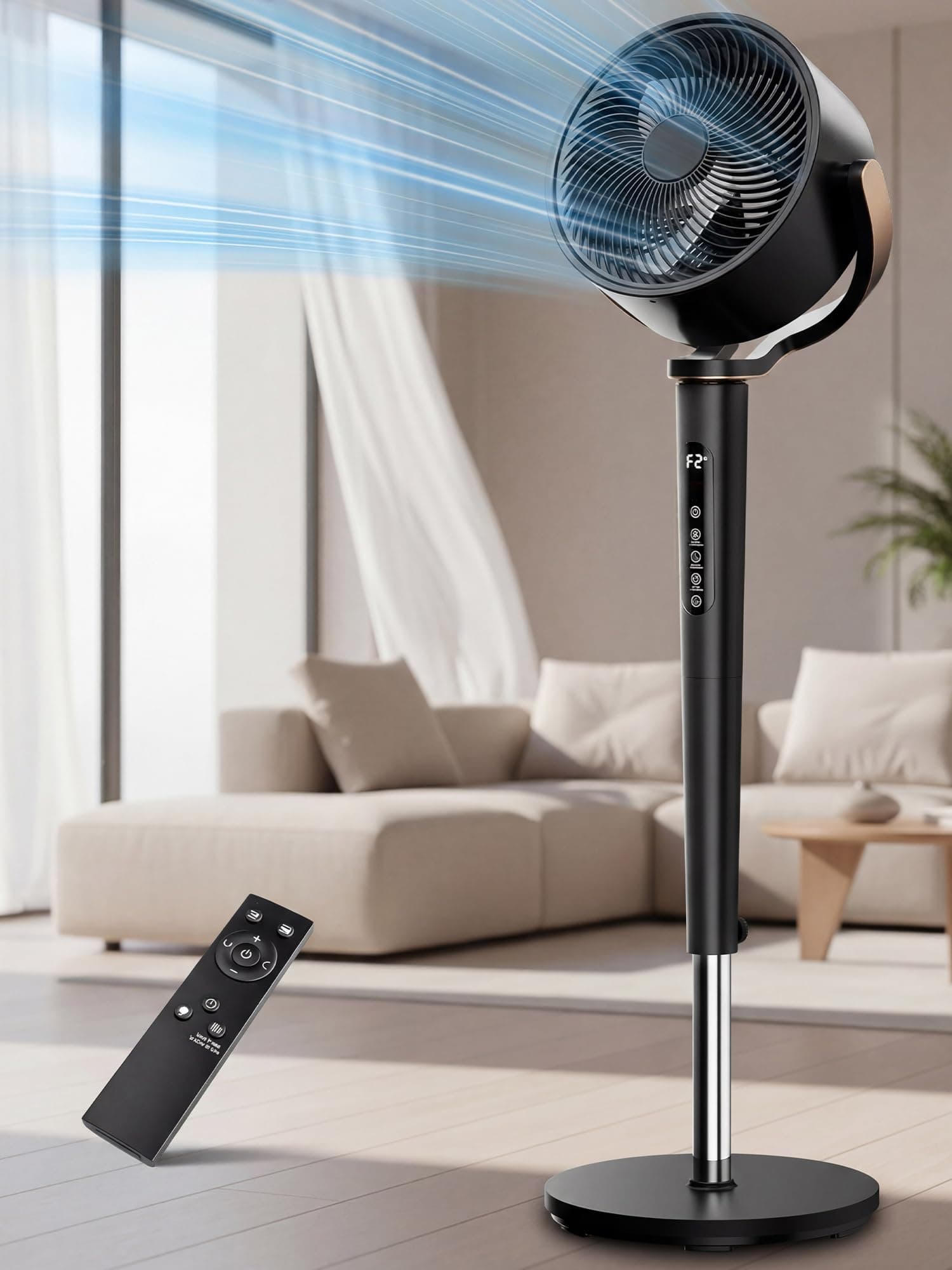 KEGIAN Smart Fan for Bedroom, 120° +120° 3D Oscillating Fan, 120ft Quiet Pedestal Fan with Remote/Ambient Light/Timer, Standing Fan with 16 Speeds, 4 Modes, 20dB, 38-46" Floor Fan for Room