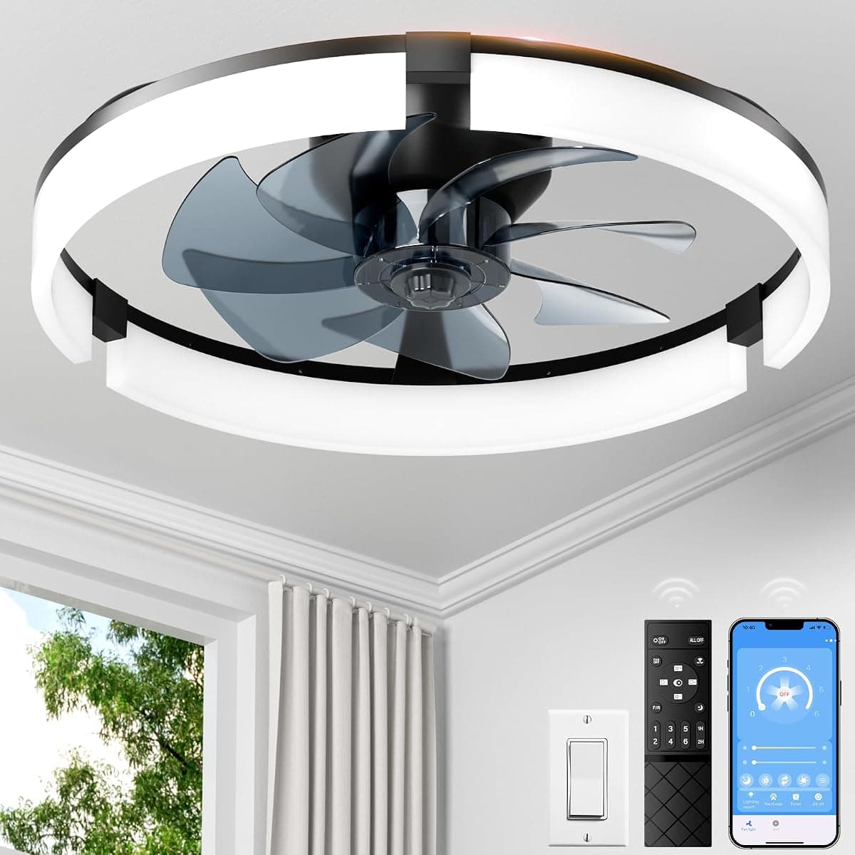 PACOVY Ceiling Fans with Lights and Remote 20 Inch, 3200LM LED & 6-Speed Fan, Low Profile Ceiling Fan Light Fandelier Dimmable 3000K–6500K, Quiet Copper Motor, Bedroom Small Flush Mount Ceiling Fan