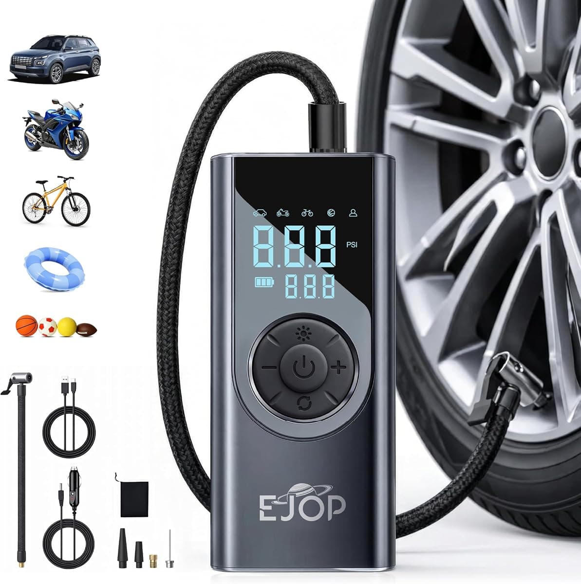 EJOP 150PSI Tire Inflator Portable Air Compressor, Air Pump for Car Tires with Digital Pressure Gauge, Cordless Pump for Car Motorcycle Bicycle Ball, LED Light, Auto Shut-Off,Dual Display,12V Adapter