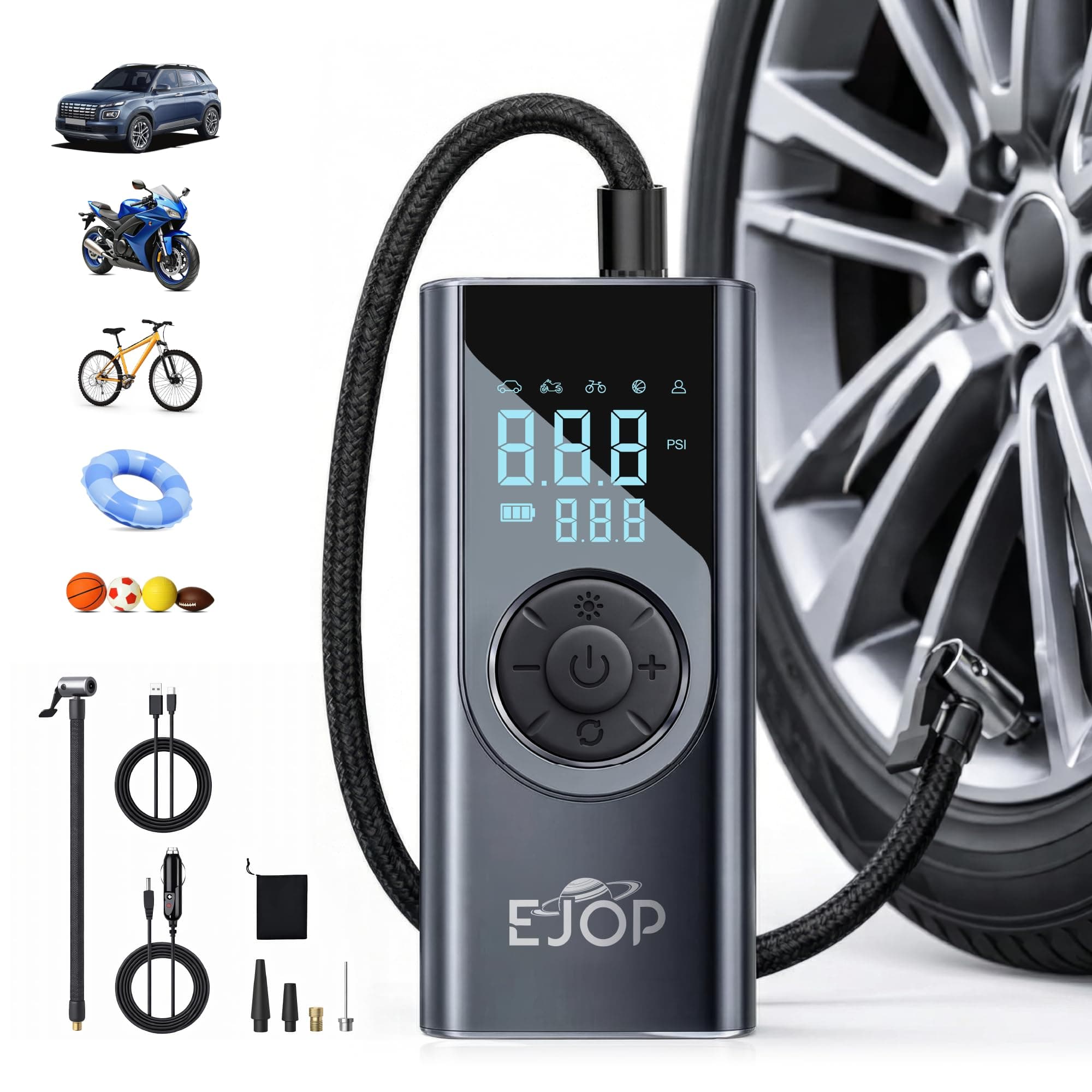 EJOP 150PSI Tire Inflator Portable Air Compressor, Air Pump for Car Tires with Digital Pressure Gauge, Cordless Pump for Car Motorcycle Bicycle Ball, LED Light, Auto Shut-Off,Dual Display,12V Adapter