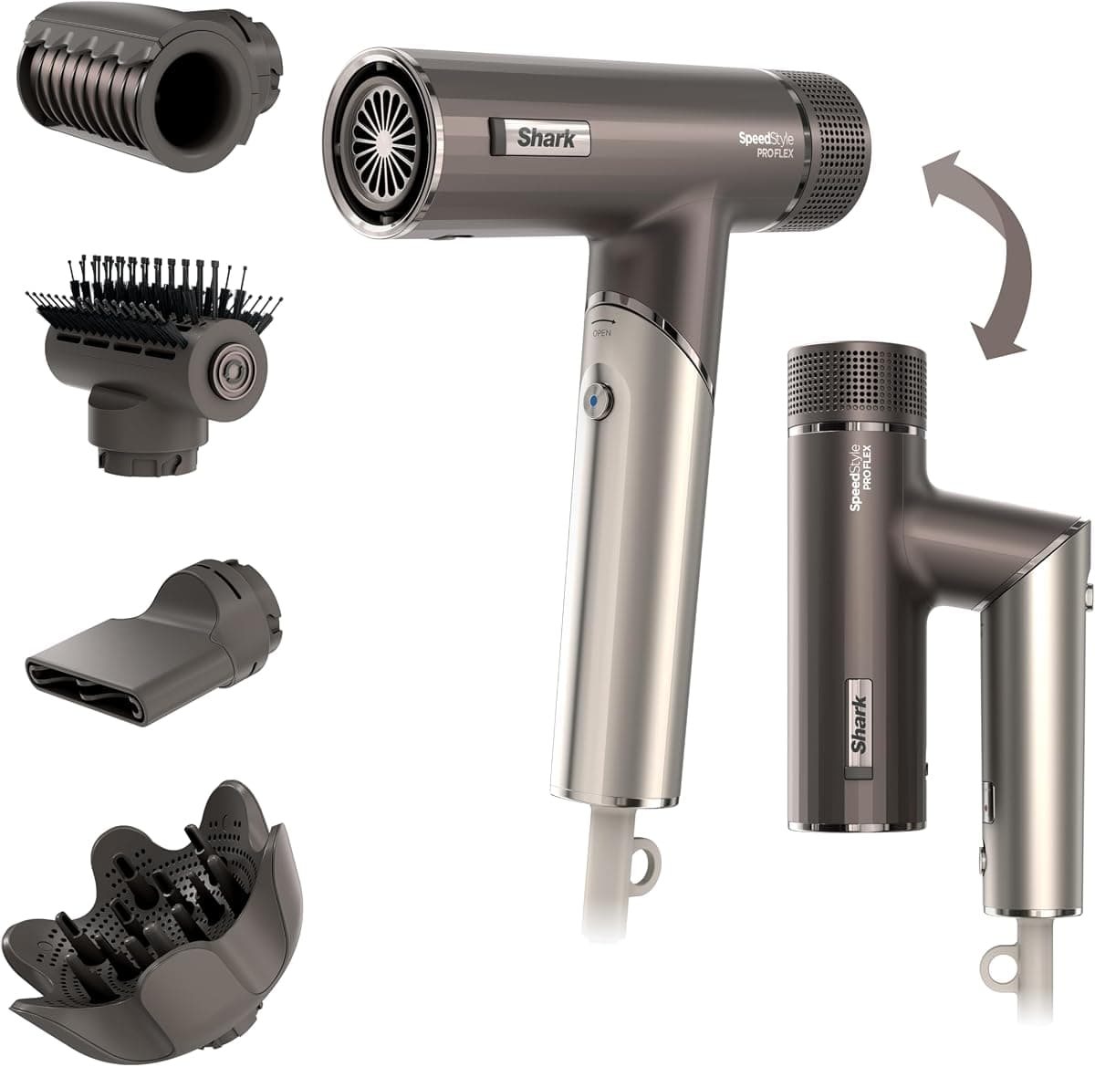 Shark SpeedStyle Pro Flex Professional Performance High-Velocity Hair Dryer System with Scalp Shield & IQ Speed Styling and Drying Suite, Lightweight, Ionic, No Heat Damage, Mocha Silver, HD542