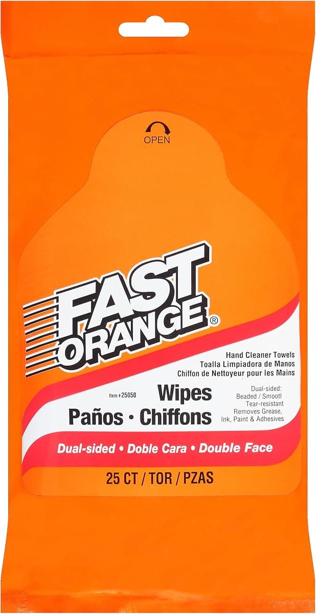 Fast Orange 25050 Hand Cleaner Wipes, Mechanic Wipes For Auto Shop, Heavy Duty Wipes, Removes Grease, Oil, Exhaust Fumes From Hands And Skin, 25 Count