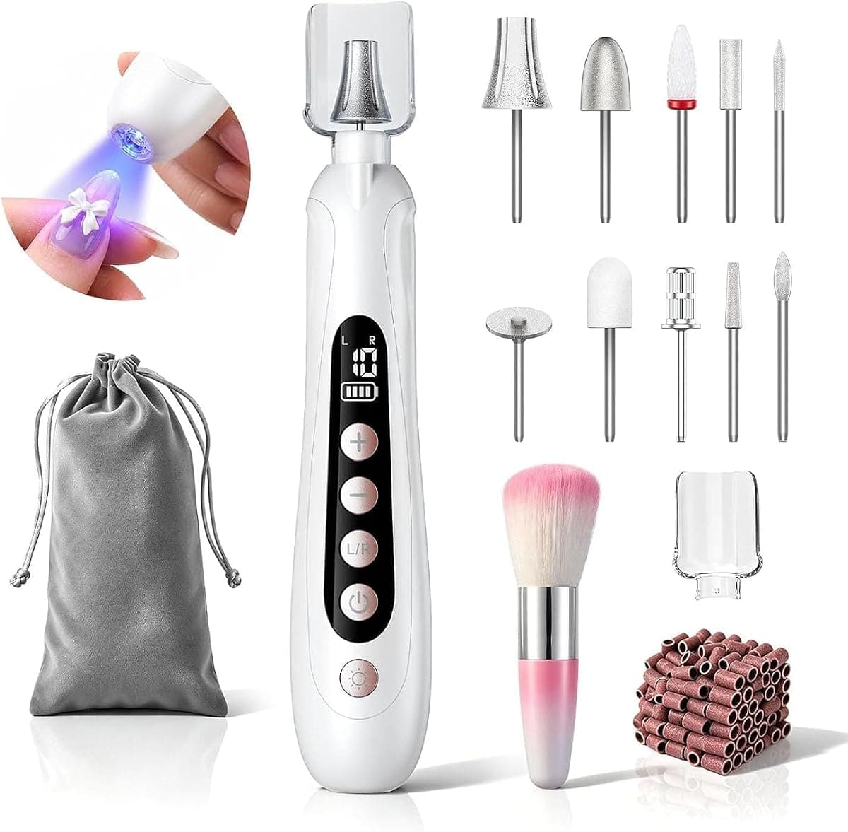 Electric Nail File, Cordless Set for Thick Toenails & Callus, Rechargeable Filer for Manicure and Pedicure with LCD & Lamp, Gifts for Men Women