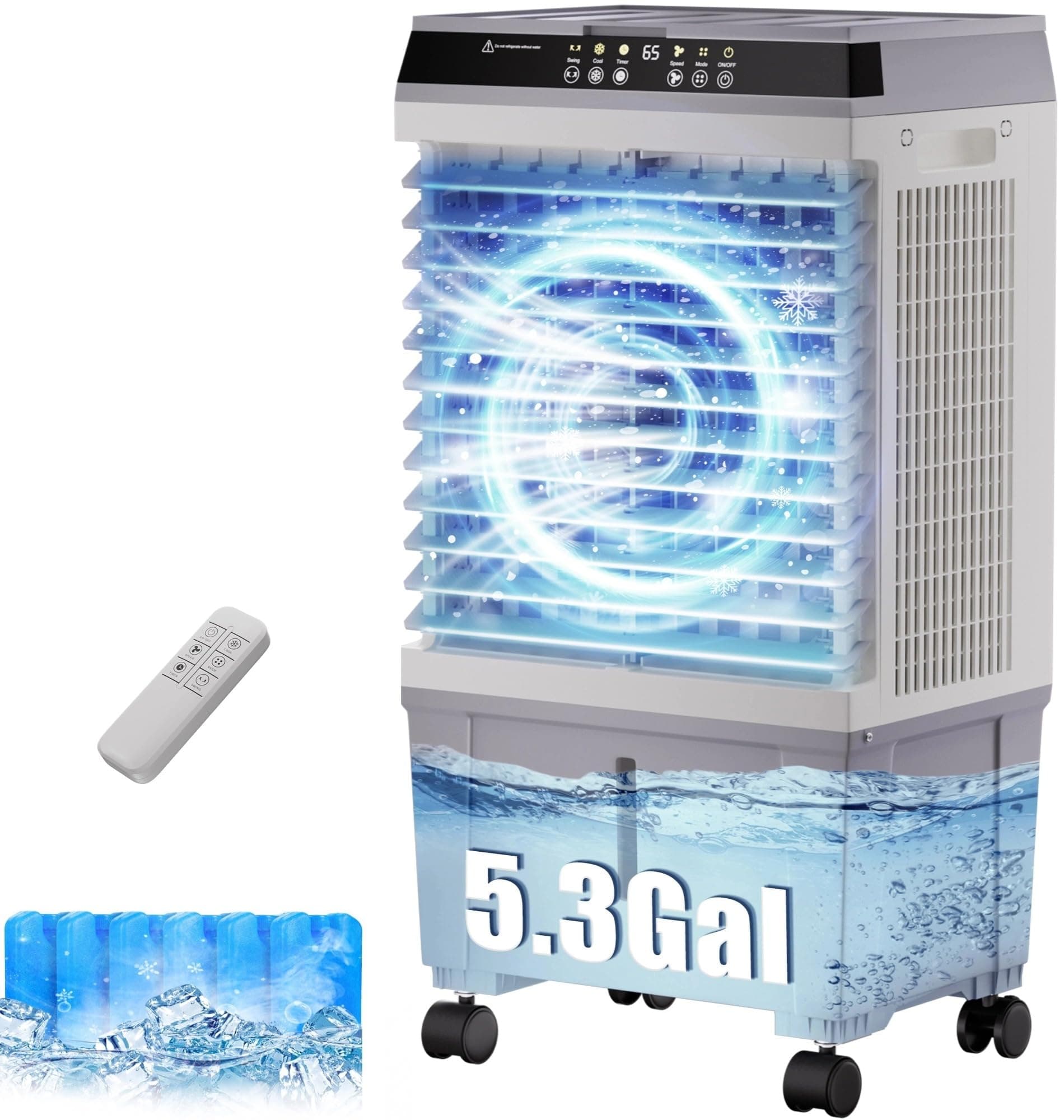 Swamp Cooler,1800CFM Evaporative Air Cooler with 6 Ice Boxes,5.3 Gal Water Tank,120°Oscillation,2 Modes 3 Speeds,12H Timer,Air Cooler for Room,Home,Office,Kitchen,Bedroom,Indoor