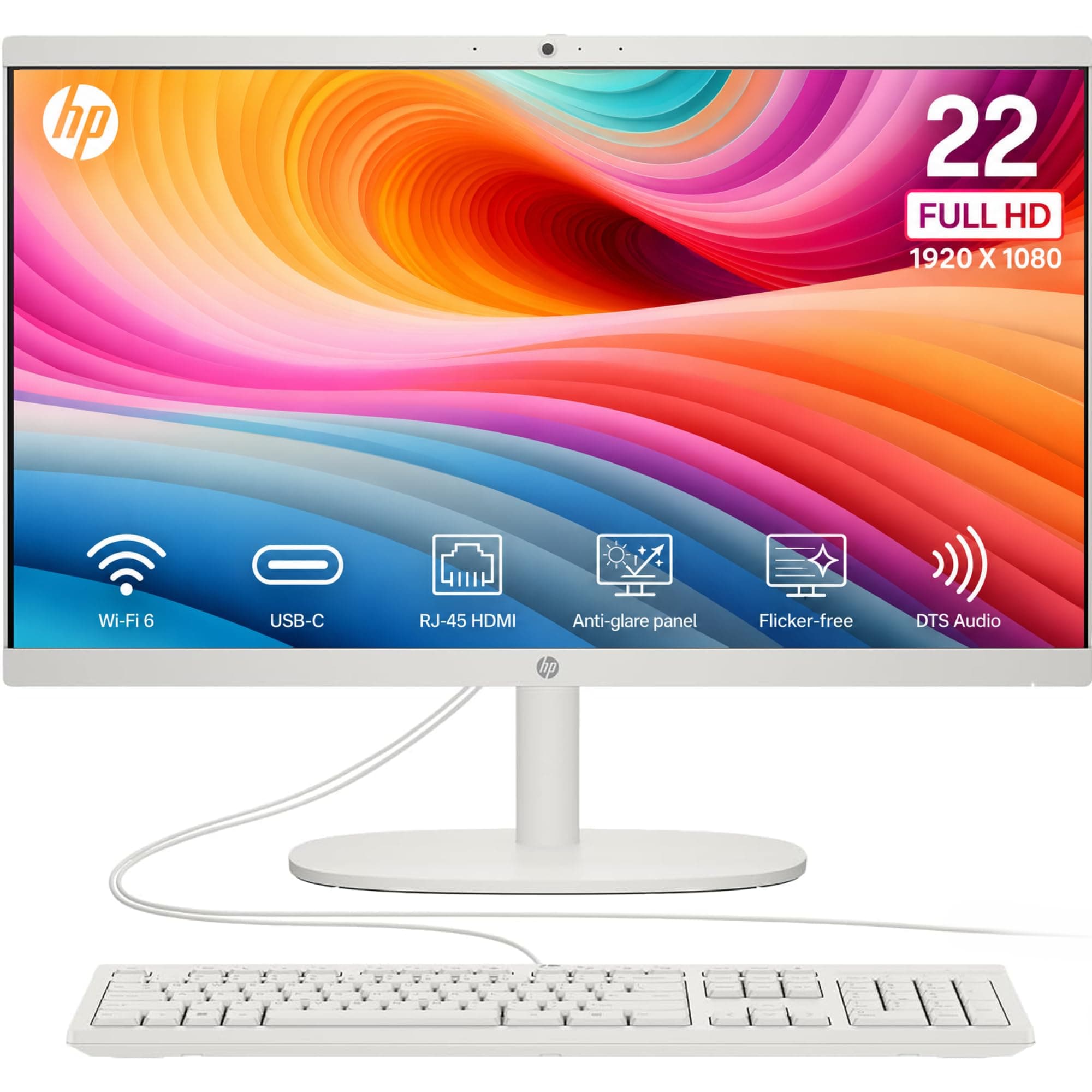 HP 22" FHD All-in-One Desktop Computer, 16GB RAM, Quad-Cores Intel N100, Windows 11, 128GB Storage, Office 365 for Web, Keyboard & Mouse Included, White