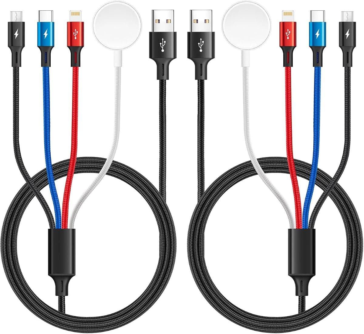 2Pack Multi Charging Cable 4 in 1 Braided USB C/Lightning/Micro Port for Apple Watch Charger USBC Magnetic Wireless Charger iWatch Series 11-1/iPhone 17 16 15 14/Galaxy Android/PS-6Ft