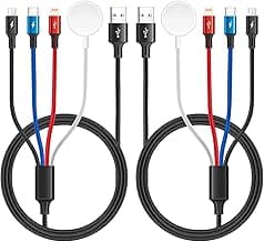 2Pack Multi Charging Cable 4 in 1 Braided USB C/Lightning/Micro Port for Apple Watch Charger USBC Magnetic Wireless Charger iWatch Series 11-1/iPhone 17 16 15 14/Galaxy Android/PS-6Ft