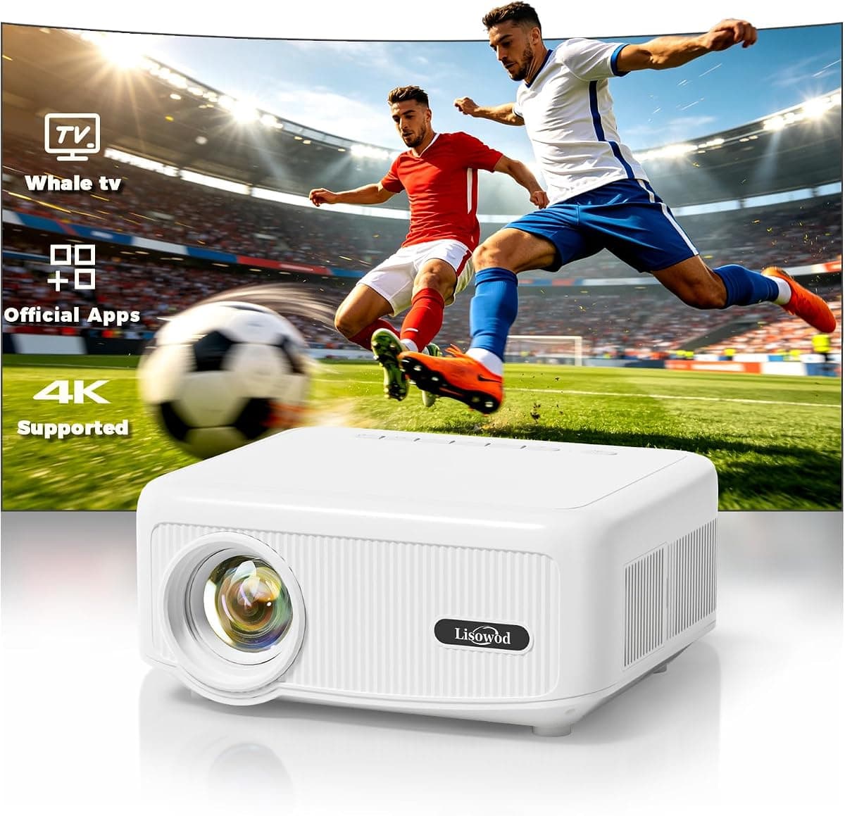 Outdoor Projector [1900 Brightness & 1k+ Official Apps] Movie Projector 4K, Electric Focus & 4P Keystone, Lisowod L02 Smart Projector with WiFi and BT, Portable Proyector for Backyard & Home Cinema