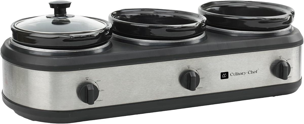CULINARY CHEF, Triple Slow Cooker, Buffet Server 2.5qt x 3 Pot, Food Warmer – Stainless