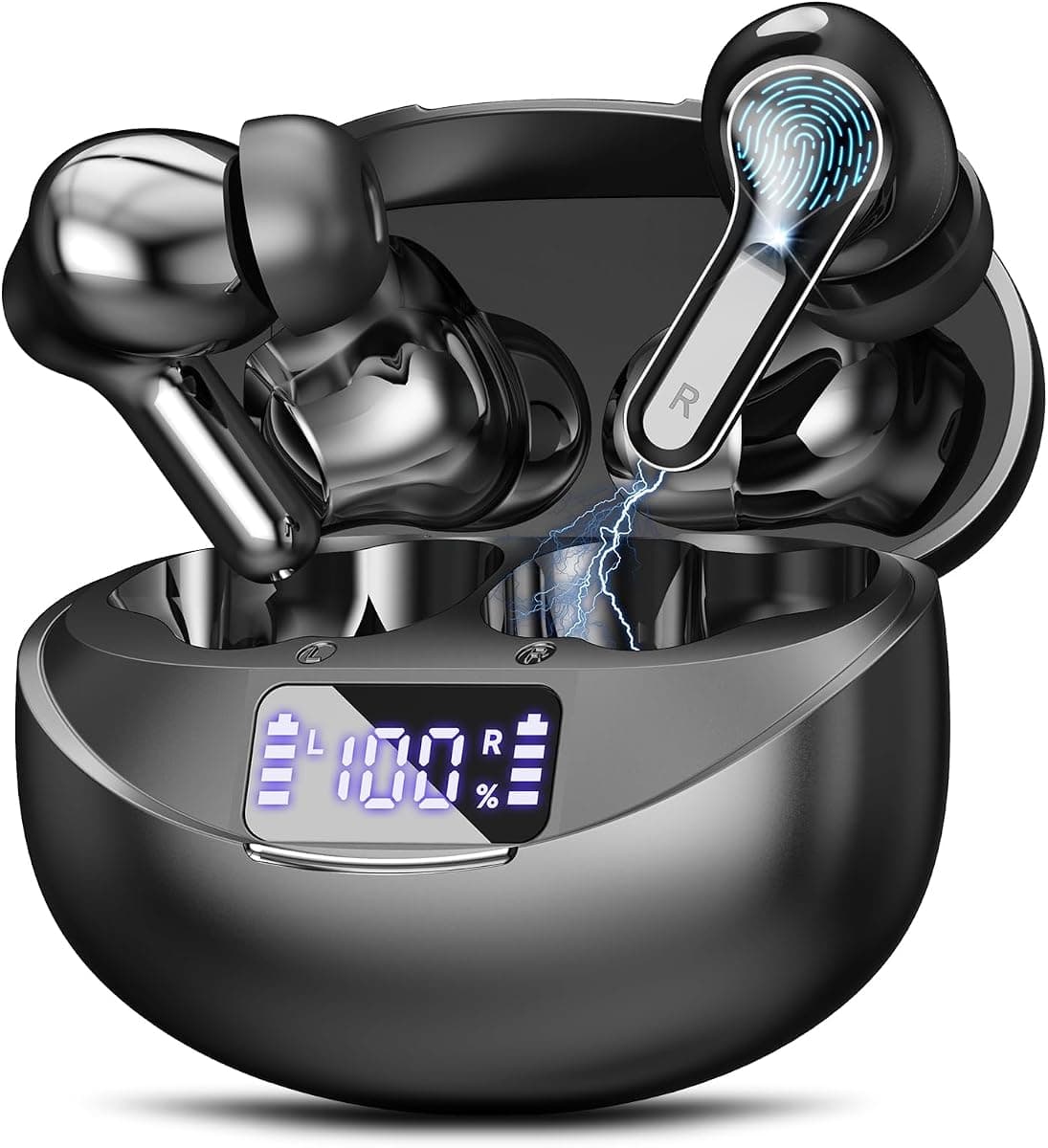 Wireless Earbuds Bluetooth 5.4 HiFi Stereo Headphones with Noise Cancelling Mic, 50H Playback in Ear Buds with LED Digital Display, IPX7 Waterproof Earphones for Office/Running/Workout (White)