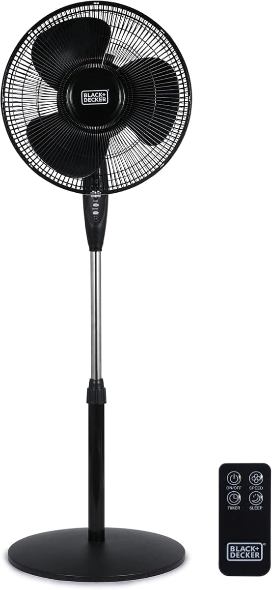 BLACK+DECKER 16" Standing Oscillating Pedestal Fan with Remote, 90-Degree Oscillation, 3 Speed Settings, Adjustable Height, Timer, 30-Degree Tilt, BFSR16B, Black