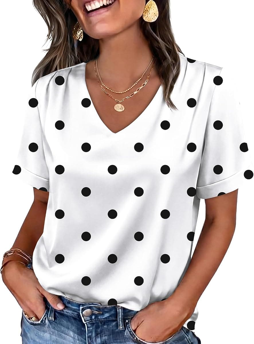 WIHOLL Work Blouses for Women Dressy Casual Summer Tops V Neck Short Sleeve Shirts
