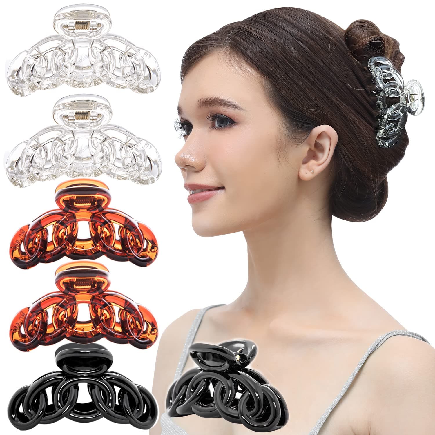 RC ROCHE 6Pcs Claw Clips for Thick Hair Women Jaw Extra Big Jumbo No Slip Hold Strong Cute Sectioning Clamp, Medium Clear Brown & Black