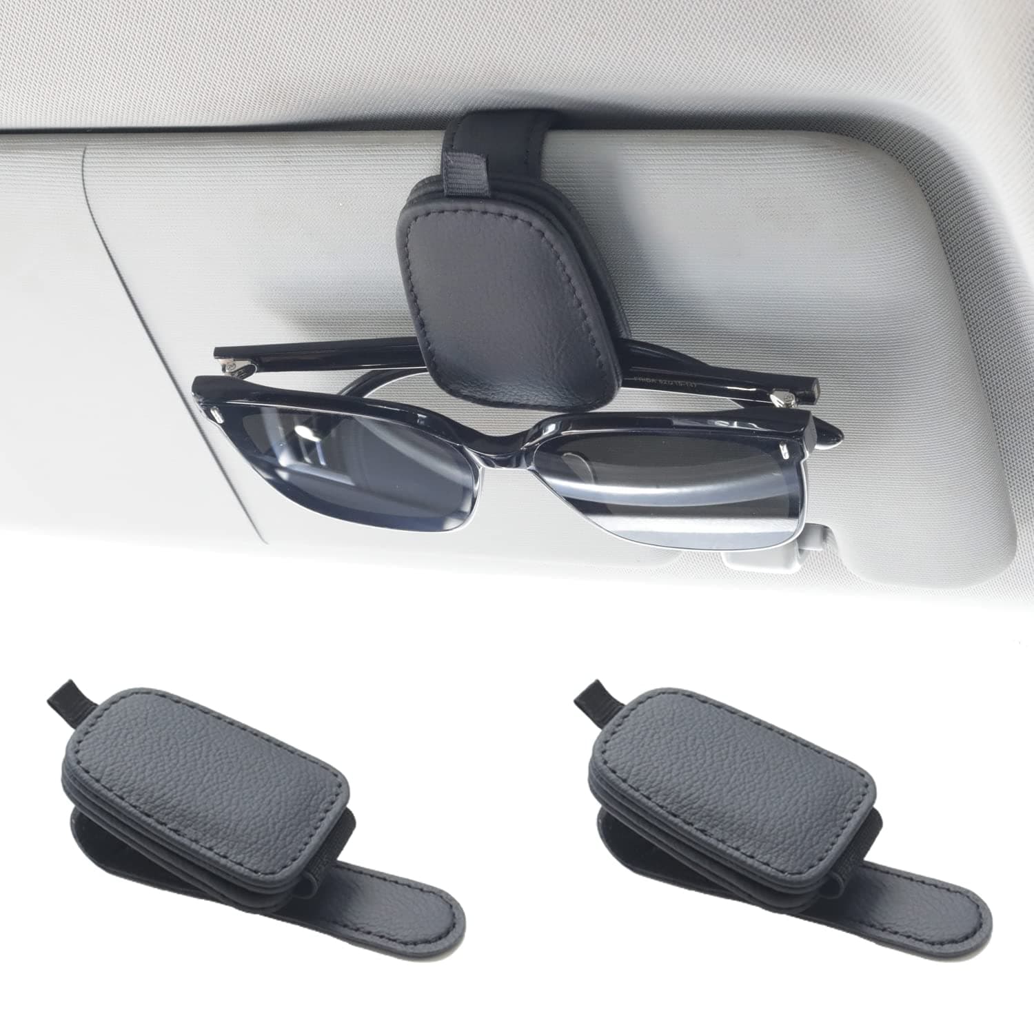 Yuoyar Magnetic Leather Sunglasses Holder for Car, 2 Packs (Black) | Magnetic Car Visor Accessories