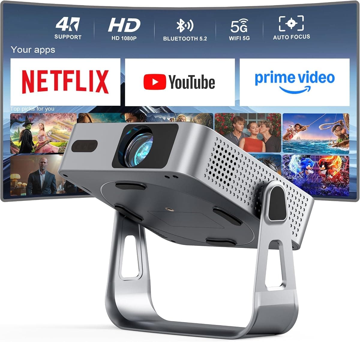 【Officially-Licensed APP & 1800ANSI】Smart Mini Projector with WiFi and Bluetooth, VISSPL Native 1080P Auto Focus & Keystone Portable Outdoor Projector, 4K Support Home Movie Projector Sliver