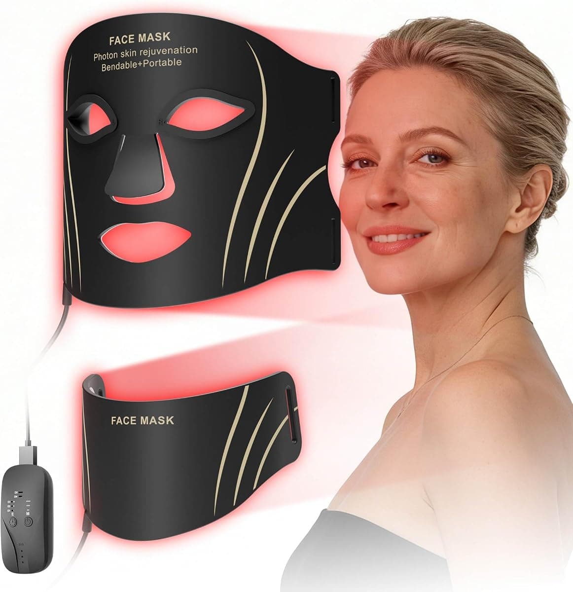 Red Light Mask for Face & Neck Anti-Aging Skin Firming for Women 40+, 7 Color Modes, 5 Levels Intensity, Portable & Rechargeable for at-Home Travel Working Relaxing