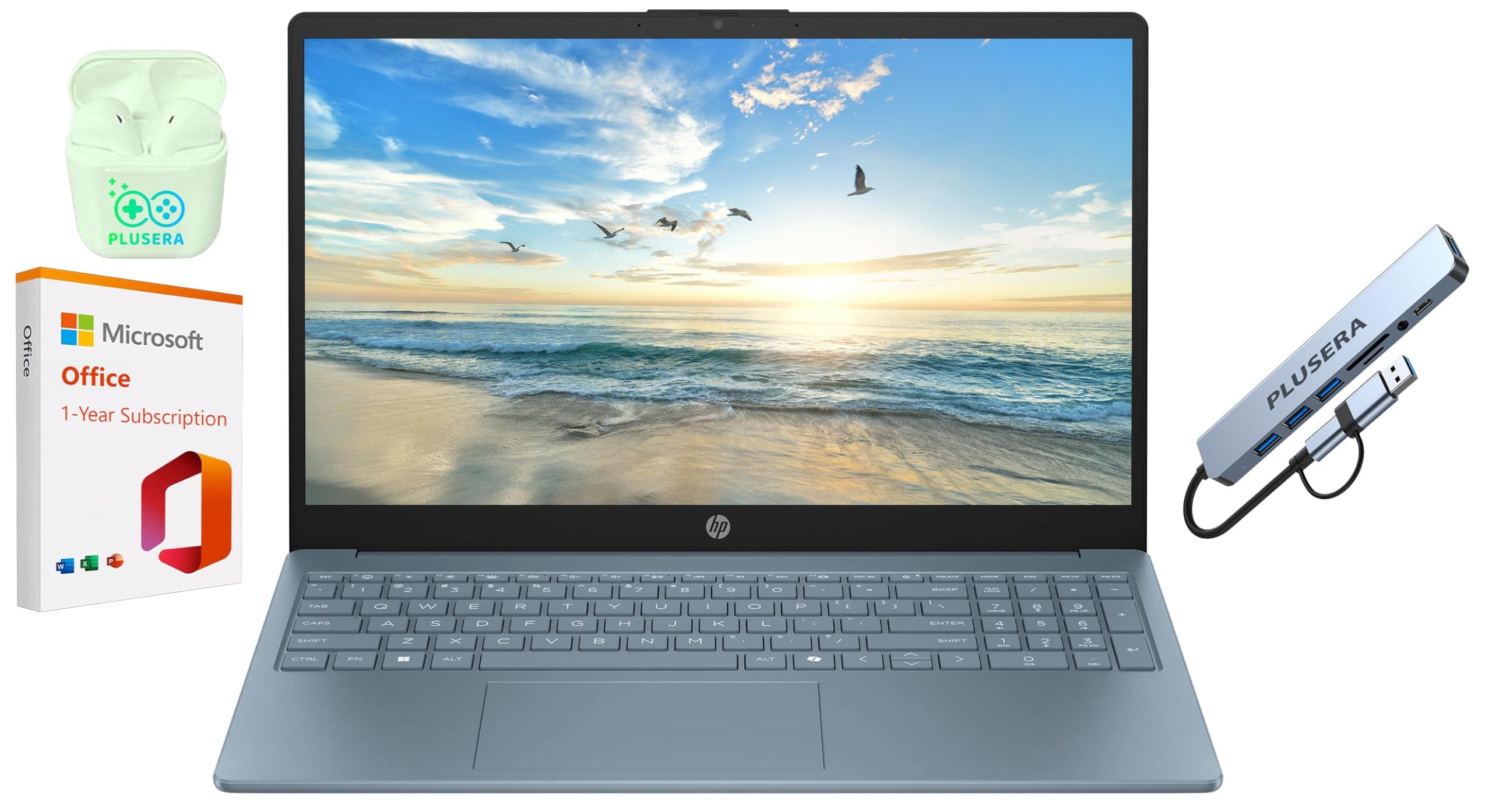 HP 15.6" Business Laptop with 1-Year Microsoft Office 365 with Copliot AI, 16GB RAM 128GB SSD, Quad-Cores Intel Processor, Windows 11, PLUSERA Earphones & 8-in-1 Hub Included, Moonlight Blue
