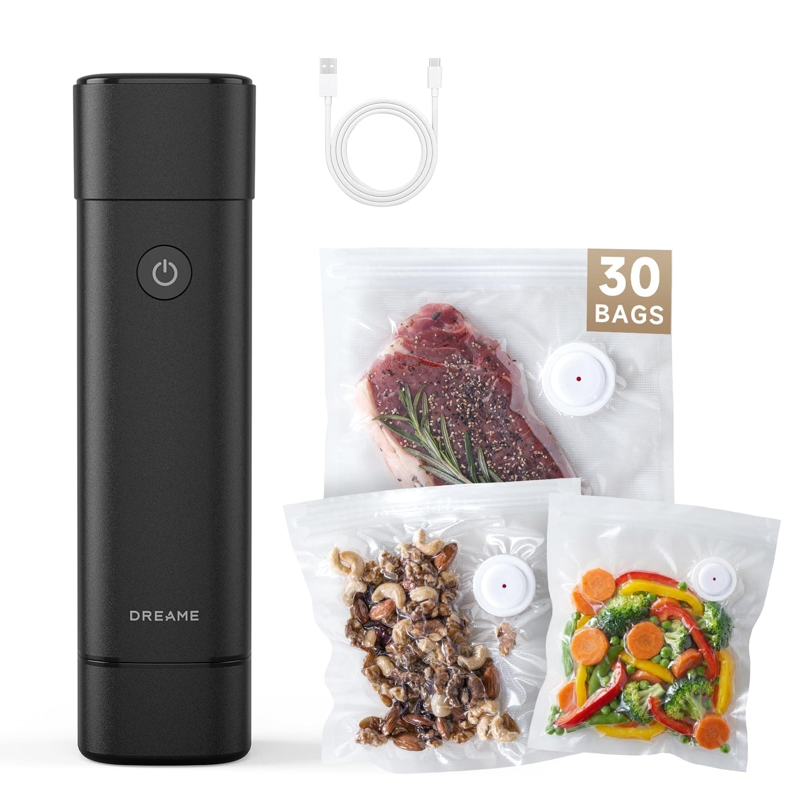 DREAME VH20 Handheld Vacuum Sealer Machine for Food with 30 Reusable Vacuum Bags, Compact Food Vacuum Sealer, Auto Stop, Rechargeable Food Sealer Saver, Dry & Moist Modes, For Container & Wine Bottles
