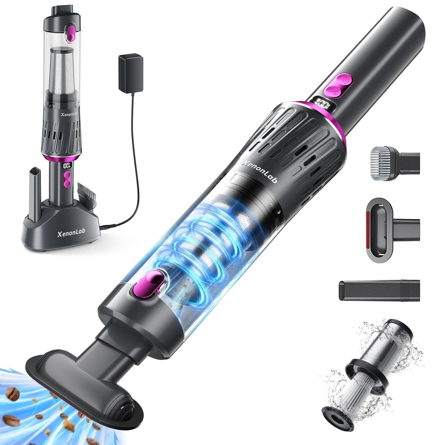 Handheld Vacuum Cordless 25000Pa Car Vacuum 3-in-1 Handheld Vacuum, Includes Smart Display and Charging Base Hand Vac Cordless Rechargeable One-Touch Empty for Home/Pet/Car (Violet)