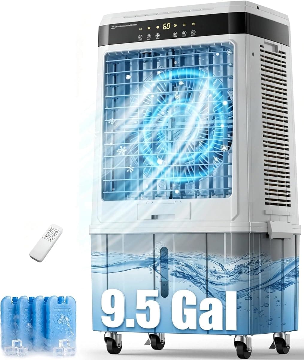 Swamp Cooler,2800CFM Evaporative Cooler,9.5 Gal Water Tank,12H Timer,4 Ice Packs,3 Speeds,2 Modes,120° Oscillation,3-IN-1 Windowless AC Unit,Room Cooler Portable Air Conditioner for Indoor,Outdoor Use