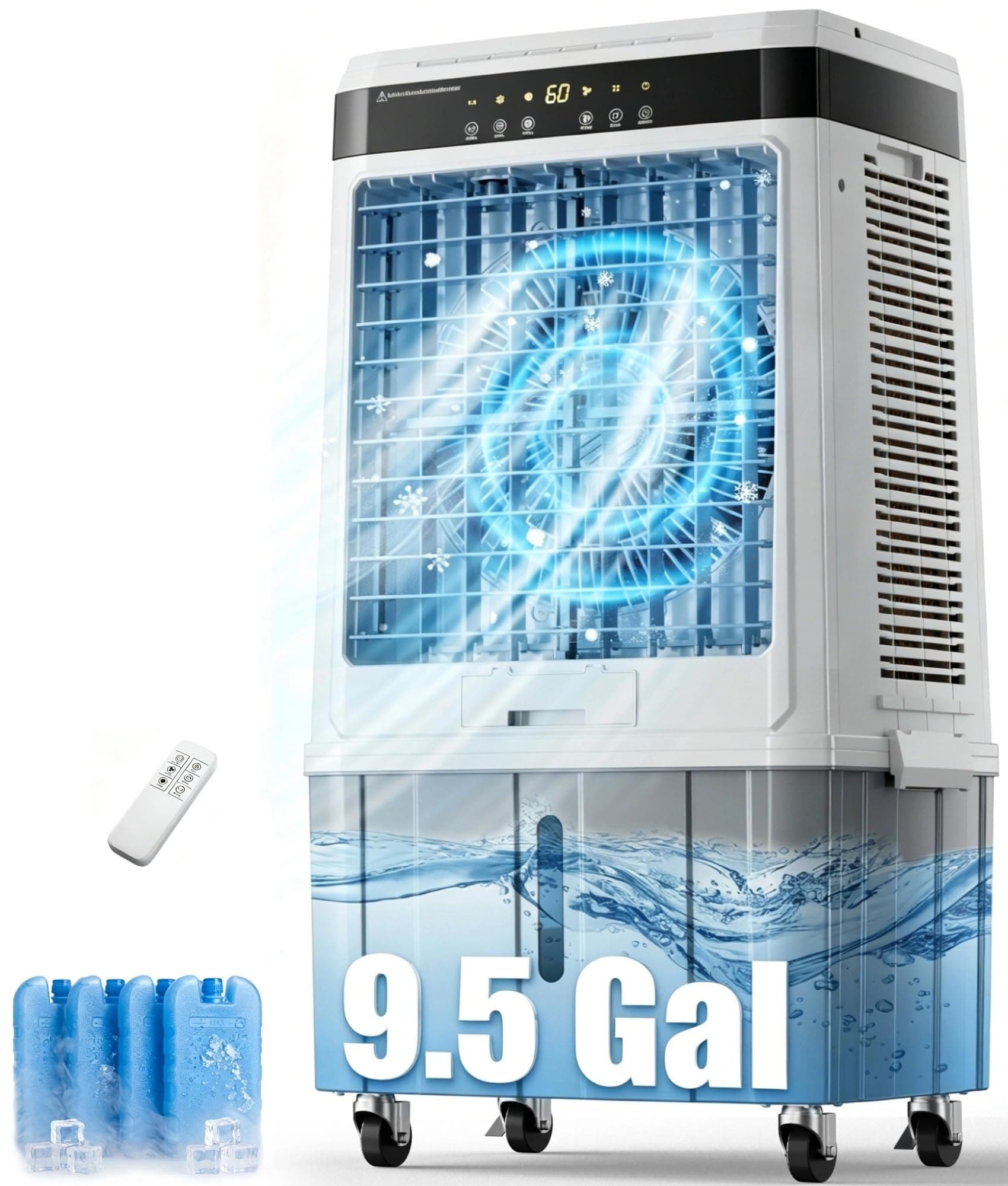 Swamp Cooler,2800CFM Evaporative Cooler,9.5 Gal Water Tank,12H Timer,4 Ice Packs,3 Speeds,2 Modes,120° Oscillation,3-IN-1 Windowless AC Unit,Room Cooler Portable Air Conditioner for Indoor,Outdoor Use