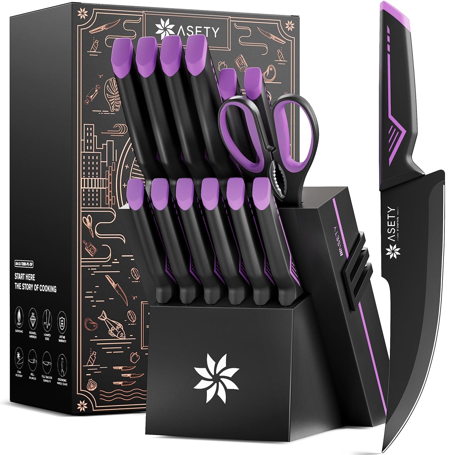 Knife Set - 15 PCS Kitchen Knife Set with Built-in Knife Sharpener Block - Stainless Steel Knife Block Set - Dishwasher Safe, Elegant Box for Men Women, Fathers day