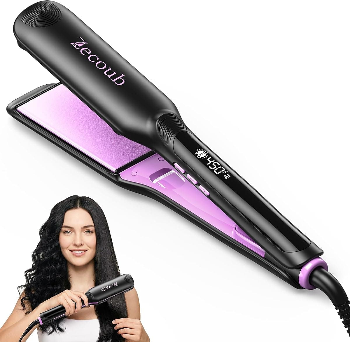 Wide Plate Hair Straightener for Thick Hair, 1.75 Inch Ionic Ceramic Flat Iron for Long, Coarse & Frizzy Hair, Fast 20s Heat-Up, 9 Temps to 450°F, Smooth Glide, Auto Shut Off, Dual Voltage
