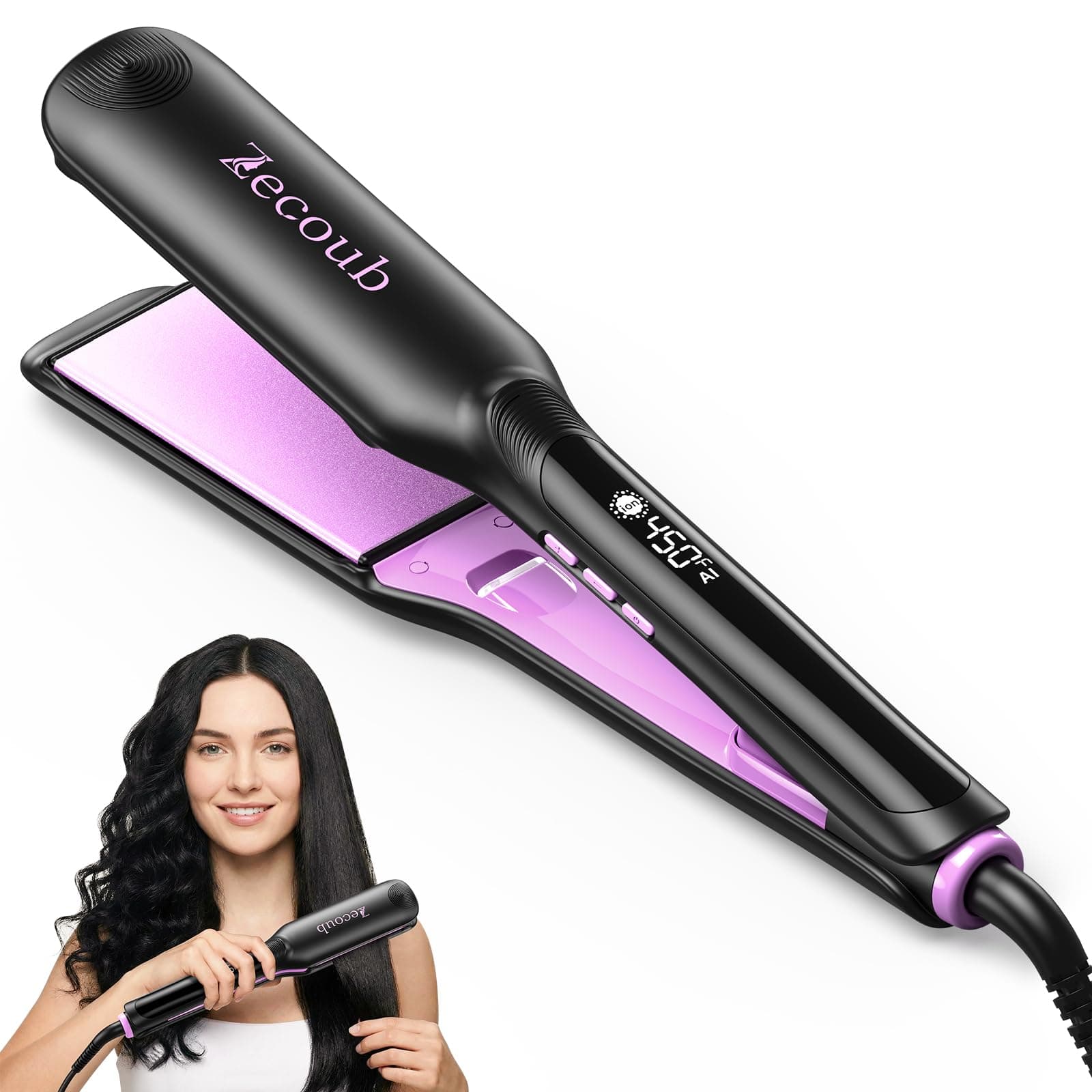 Wide Plate Hair Straightener for Thick Hair, 1.75 Inch Ionic Ceramic Flat Iron for Long, Coarse & Frizzy Hair, Fast 20s Heat-Up, 9 Temps to 450°F, Smooth Glide, Auto Shut Off, Dual Voltage