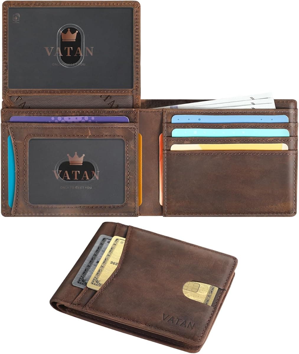 VATAN Wallet for Men Slim RFID Blocking Leather Credit Card Holder Wallet for 15 Cards, Bifold Minimalist Thin Wallet with 2 ID Windows & Cash Slot, With Gift Box (CH Coffee)