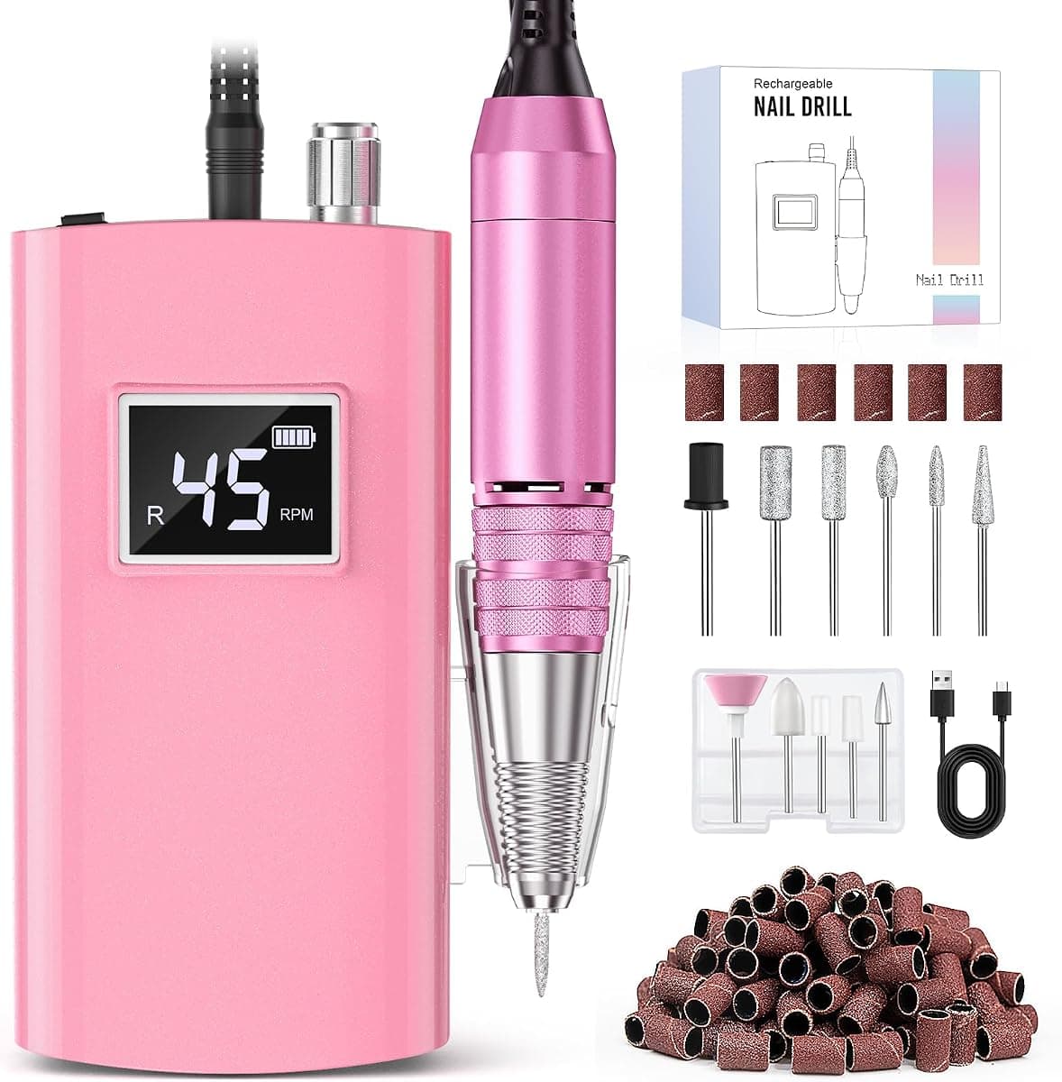 Beloving Portable Nail Drill Professional, 45000RPM Rechargeable Nail Drill Electric File Machine for Acrylic Gel Polish Remover, Cordless Nail Kit for Manicure Pedicure with 11 Bits for Salon Home