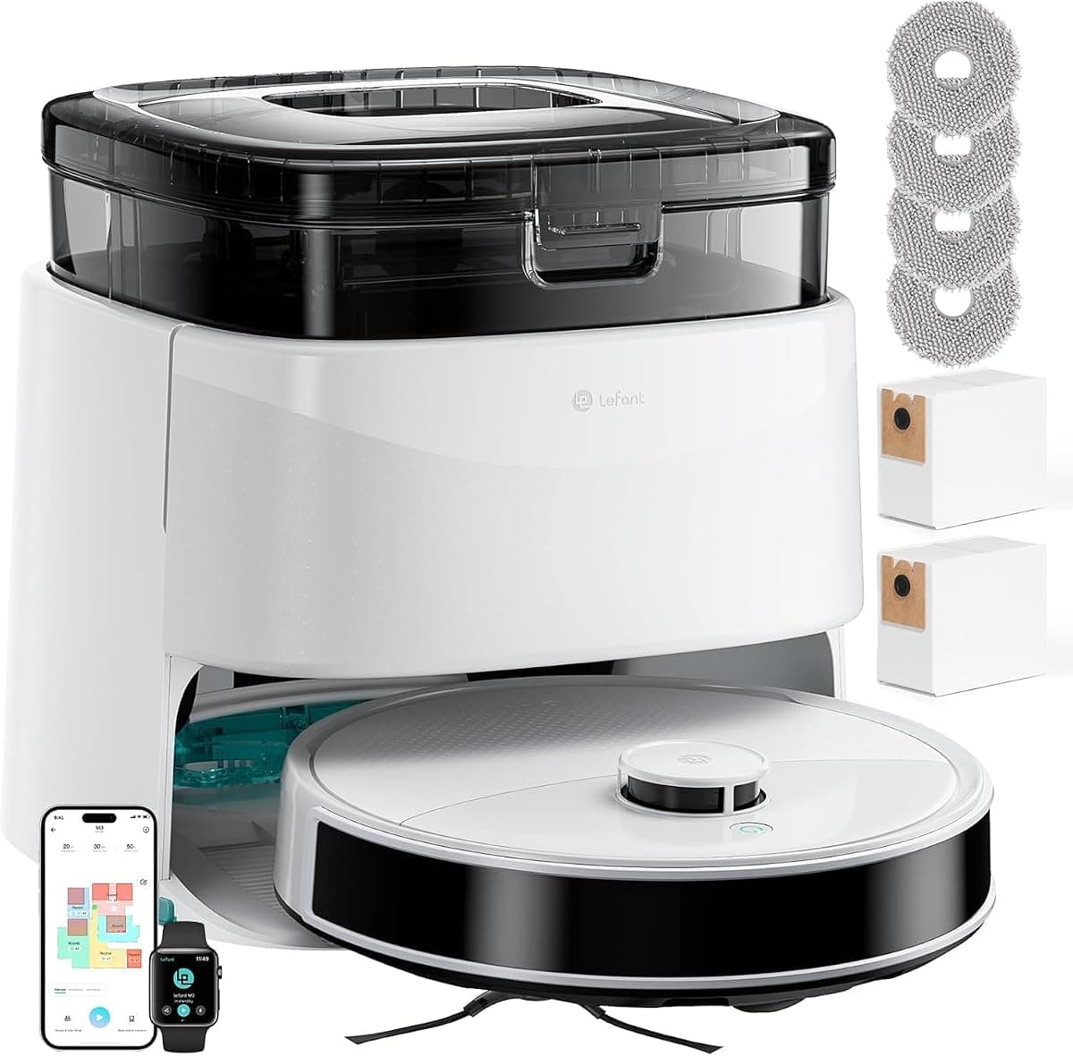 Lefant M3 Robot Vacuum and Mop, 12000Pa Suction,5200mAh Battery,Multifunctional Dock with Hot Water Self-Cleaning&Drying, Obstacle Avoidance,90-Day Self-Emptying, 5G WiFi Alexa/APP/iWatch Control