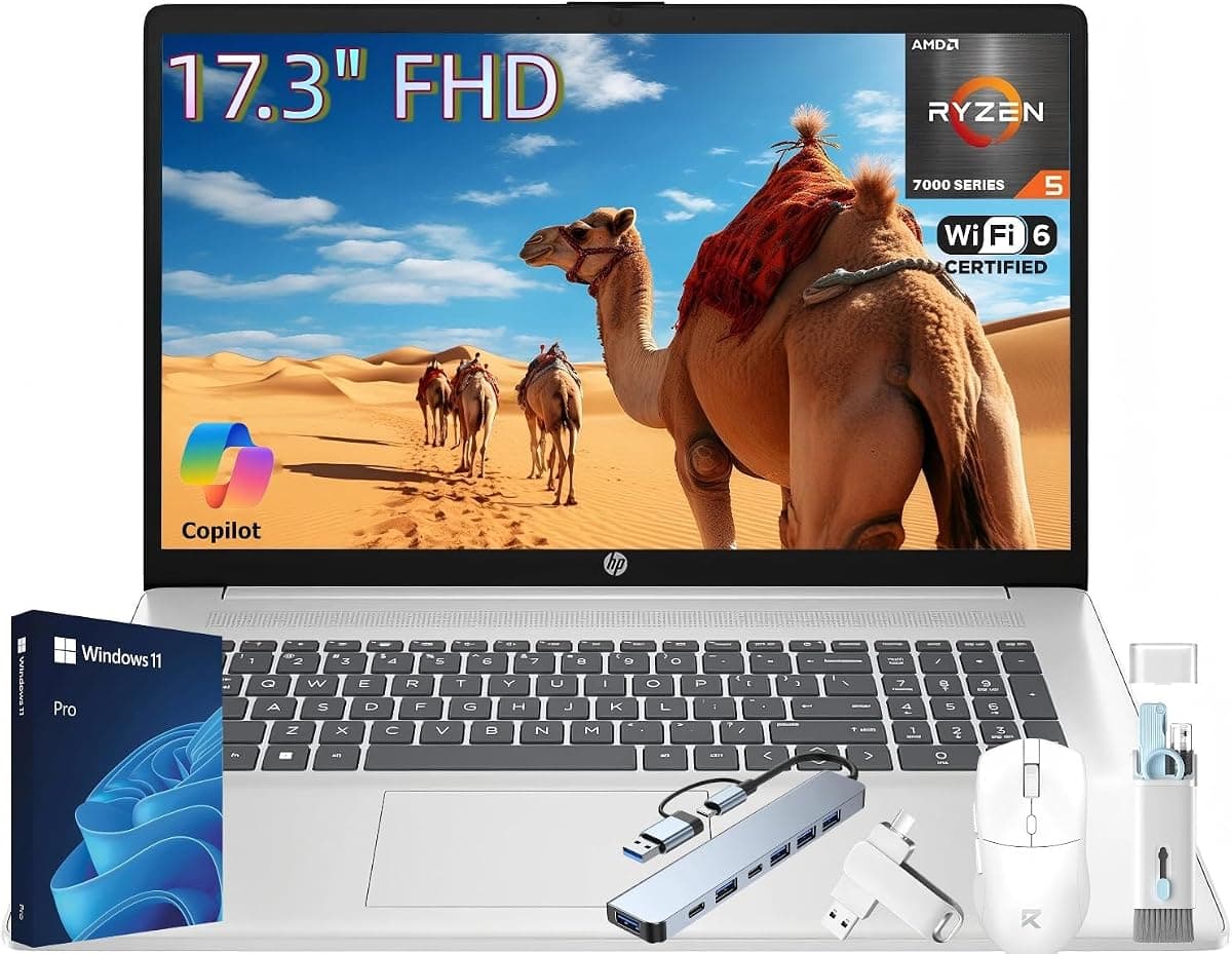 HP 17 Inch Laptop Computer, 17.3" FHD IPS Display, 20 GB RAM, 1 TB SSD, AMD Ryzen 5 7430U (Up to 4.3GHz), Wi-Fi 6, Bluetooth 5.4, Copilot AI Key, Business & Students, Windows 11 Pro, W/Accessories