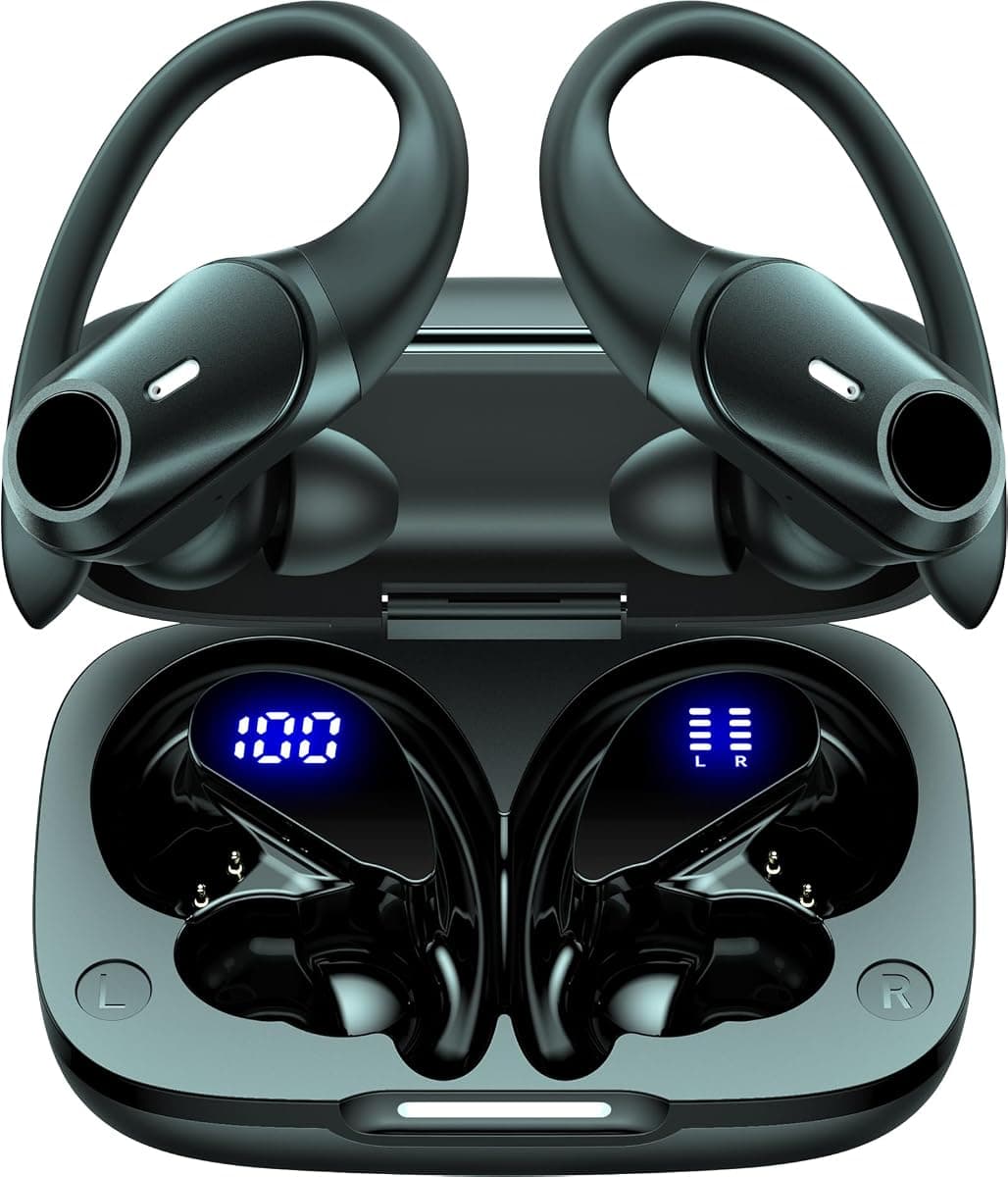 Active Noise Cancelling Ear Buds Wireless Earbuds 80H Playtime Bluetooth Headphones with LED Display Case, Hi-Res Audio Clear Calls Earphones with Over Ear Hooks for Running Gym Workout Travel Black