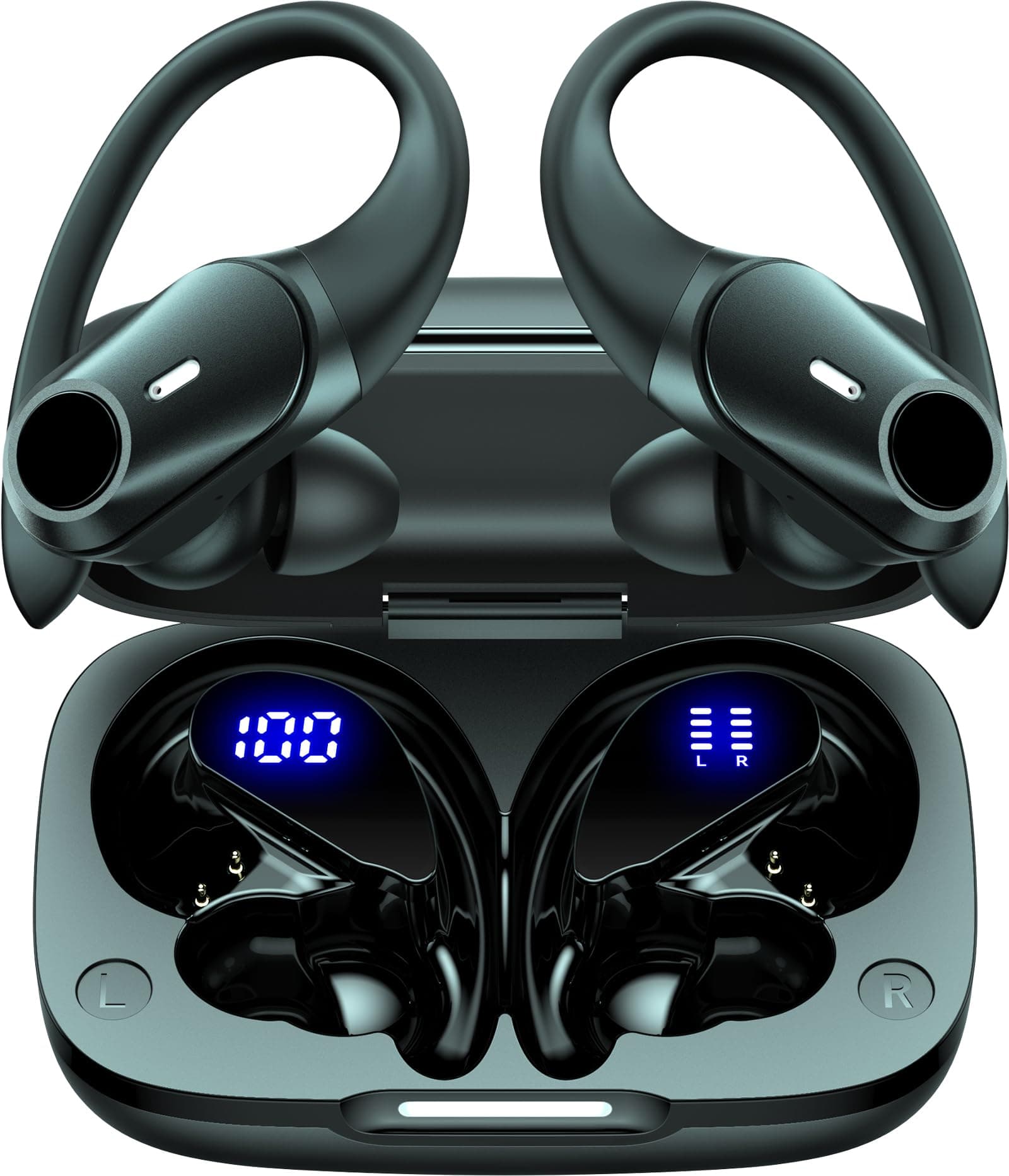 Active Noise Cancelling Ear Buds Wireless Earbuds 80H Playtime Bluetooth Headphones with LED Display Case, Hi-Res Audio Clear Calls Earphones with Over Ear Hooks for Running Gym Workout Travel Black