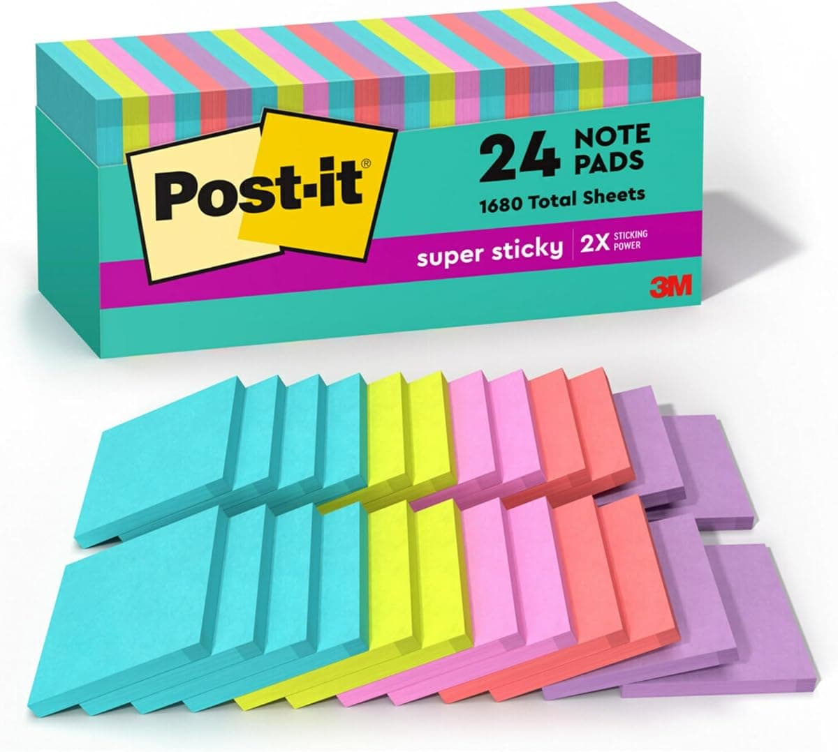 Post-it Super Sticky Notes, 24 Sticky Note Pads, 3 x 3 in., School Supplies, Office Products, 2X the Sticking Power, Supernova Neons Collection