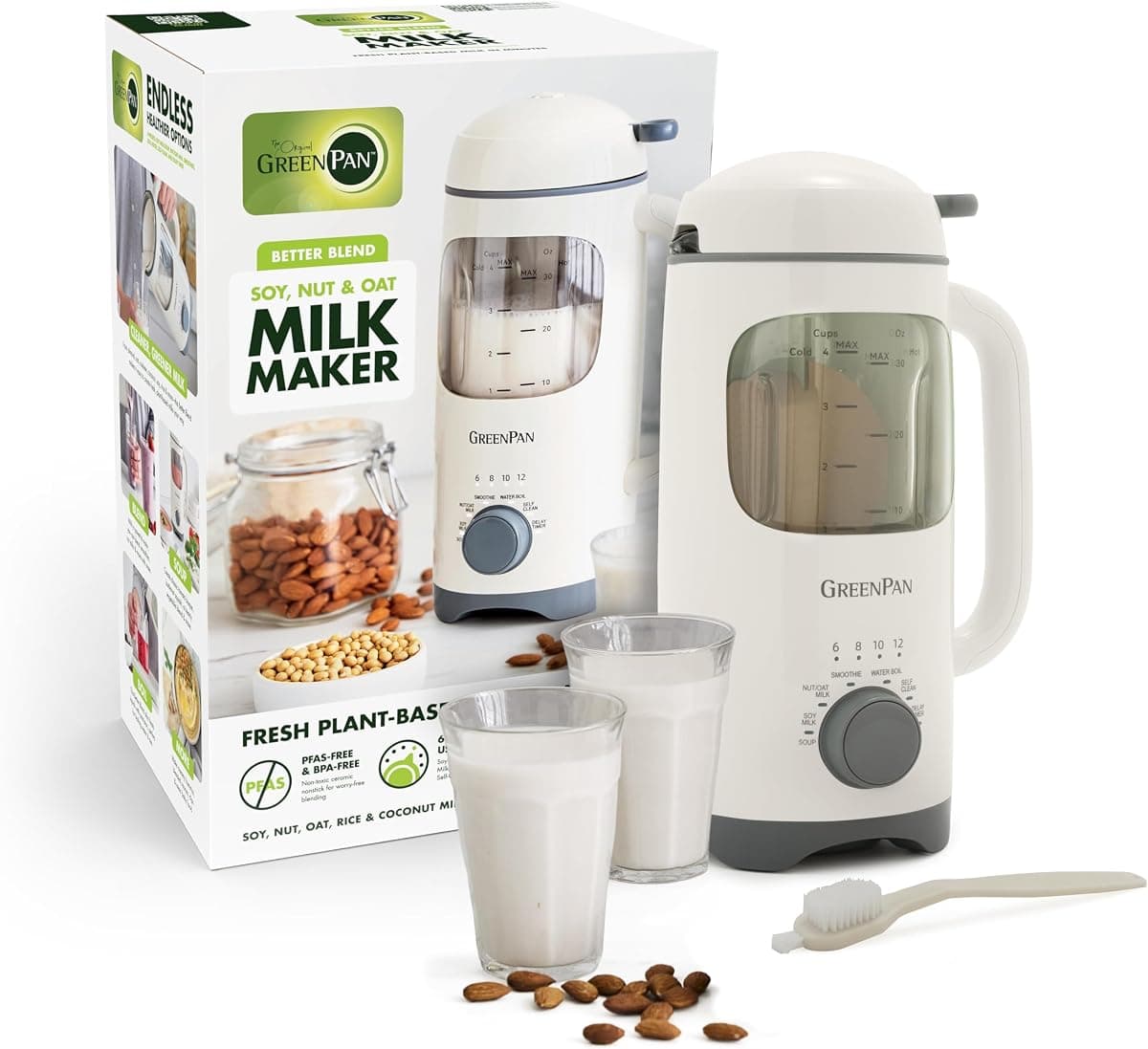 GreenPan 30oz Nut Milk Maker Machine, 15-in-1 for Homemade Almond, Oat, Soy, Coconut, Plant-Based Non-Dairy Beverages, Soups, BPA-Free Glass, Automatic Self-Clean, Delay Start, Cream