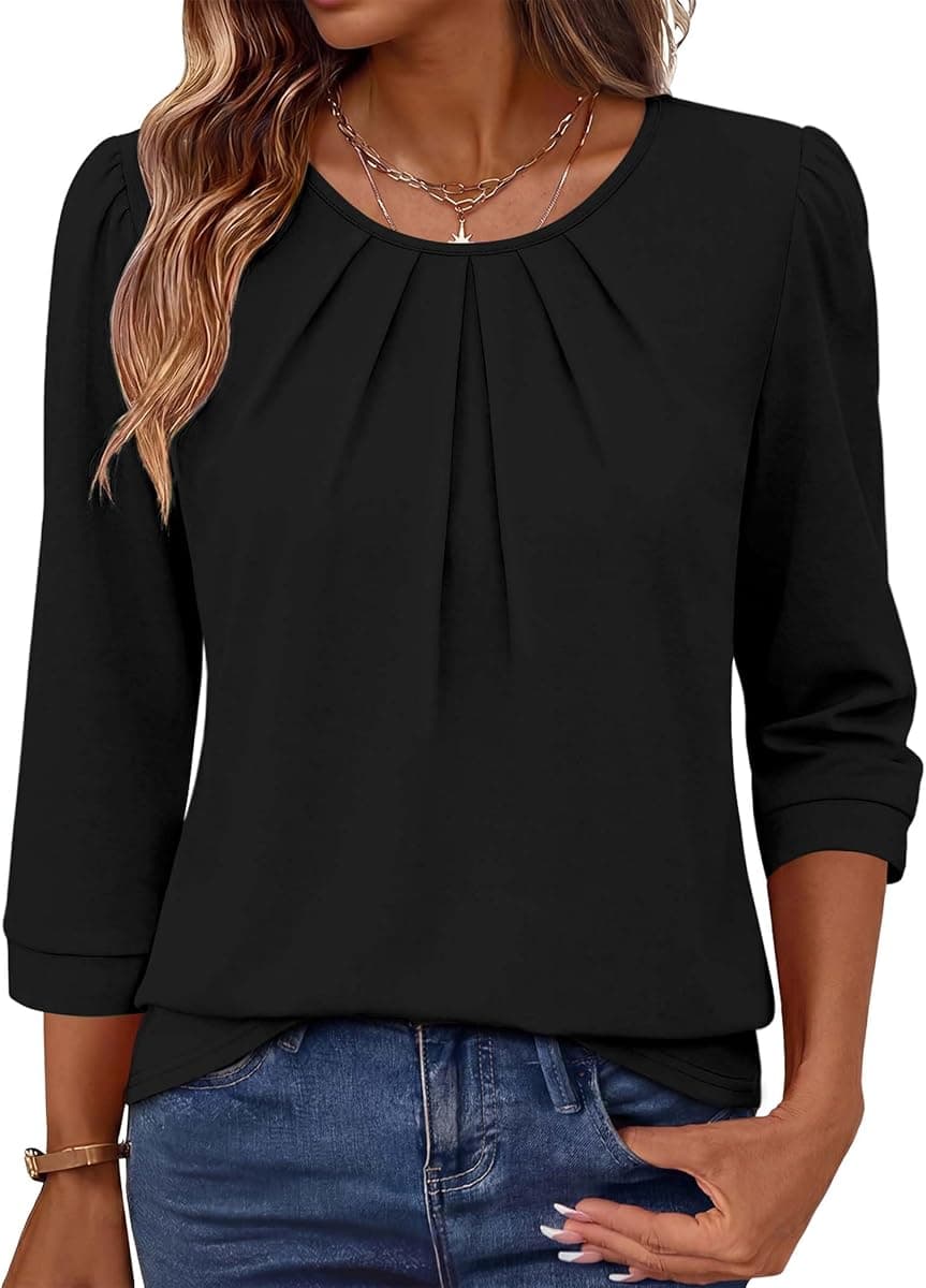 OFEEFAN 3/4 Length Sleeve Womens Tops Business Casual Outfits Pleated Front Blouses Dressy Casual Summer Outfits 2026