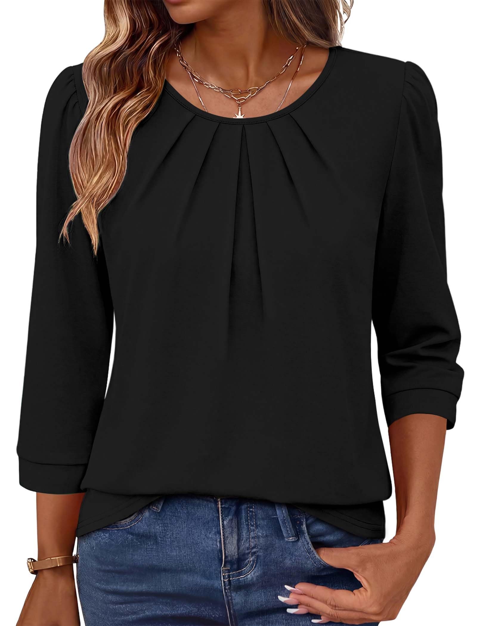OFEEFAN 3/4 Length Sleeve Womens Tops Business Casual Outfits Pleated Front Blouses Dressy Casual Summer Outfits 2026