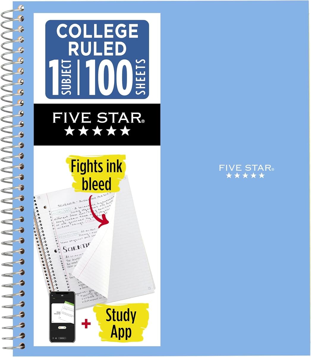 Five Star Spiral Notebook + Study App, 1 Subject, College Ruled Paper, 8.5" x 11", 100 Sheets, Blue (Color May Vary) (72565)