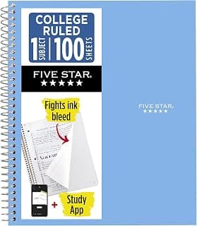 Five Star Spiral Notebook + Study App, 1 Subject, College Ruled Paper, 8.5" x 11", 100 Sheets, Blue (Color May Vary) (72565)