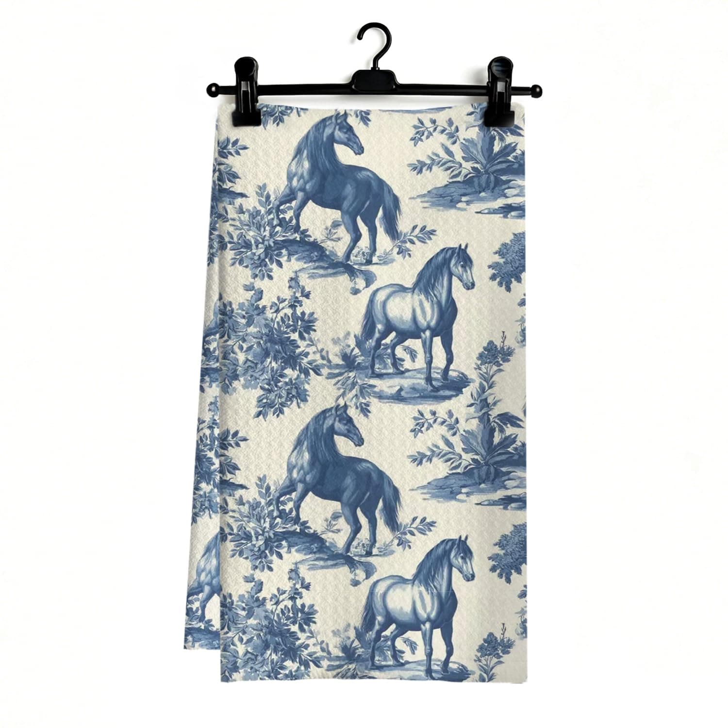 Vintage Blue Chinoiserie Horse Kitchen Dish Towels, Gifts for Horse Lovers, Grandmillennial French Country Botanical Hand Tea Towels for Kitchen Bathroom Decor, 16x24 Inch