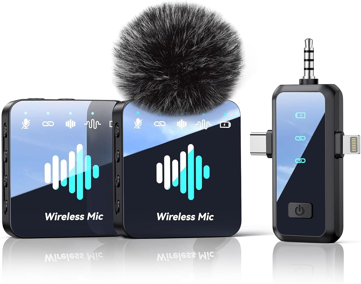 MENERESAS Wireless Microphone for iPhone: 40dB Noise Canceling Mini Mic with 20Hz-20kHz Audio, 328ft Range, 20H Battery, 3-in-1 Lavalier Microphone for Video Recording