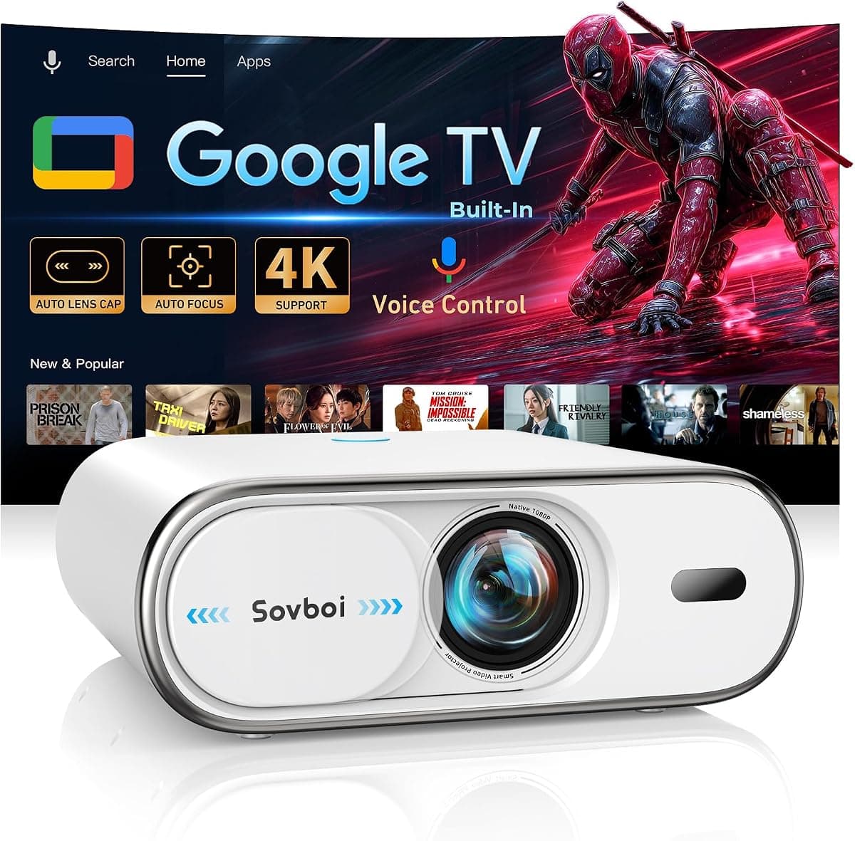Outdoor-Projector with Google TV:3000 Brightness/Auto Lens Cap & 4D Keystone/Auto Focus & AI Voice Control, Sovboi Portable-Projector with WiFi & Bluetooth, Smart Movie Proyector for Streaming Apps