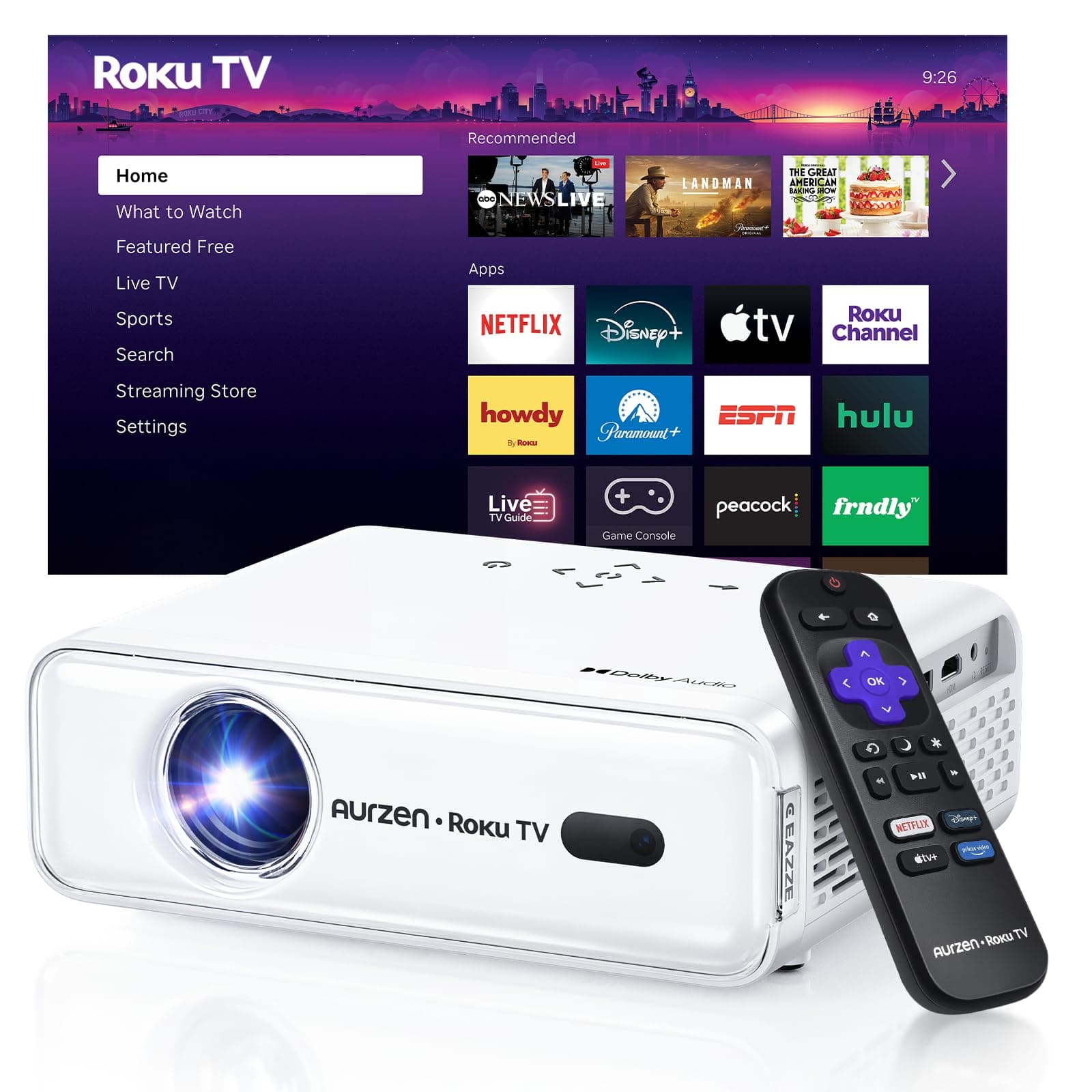 Aurzen Roku TV Smart Projector with Wifi and Bluetooth, Roku TV Built-in, 1080P FHD, DoIby Audio, Auto Focus & Keystone, Zoom, Movie Portable Outdoor Mini Projector for Soccer Football Game, White