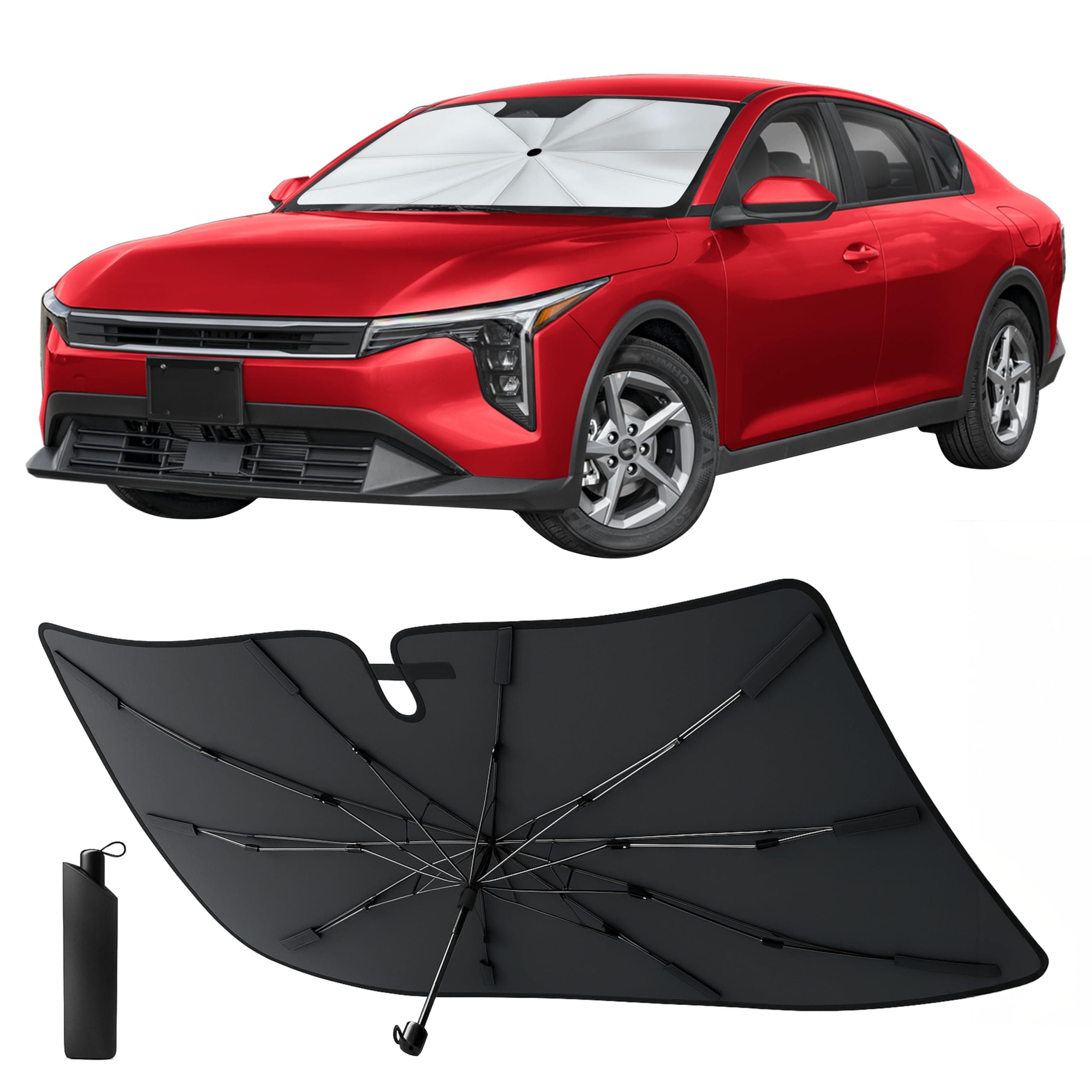 Econour Windshields Sun Shade Umbrella for Car | Medium Foldable Car Sunshade | UV & Heat Protection Front Window Sun Shield, Keeps Interior Cool, Fits Sedans SUVs & Trucks (57” x 33”)