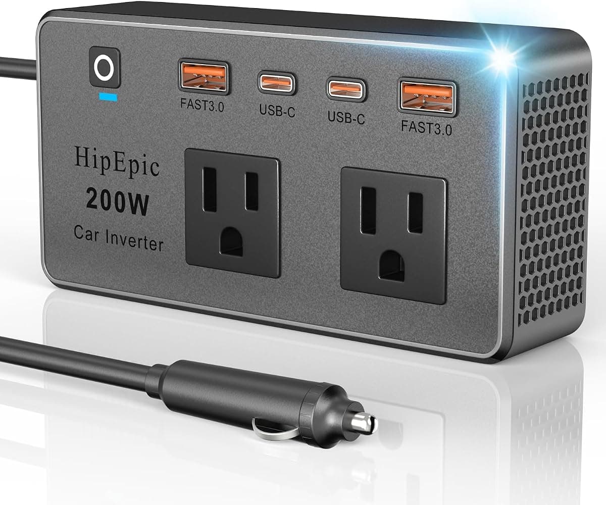 200W Multi-Port Car Power Inverter 12V DC to 110V/120V AC,Small Auto Outlet Adapter-24W USB A/C&3 Plug for Laptop,Portable Inverters for Vehicle Minivan SUV RV Road Trips Camping Essential(Black)