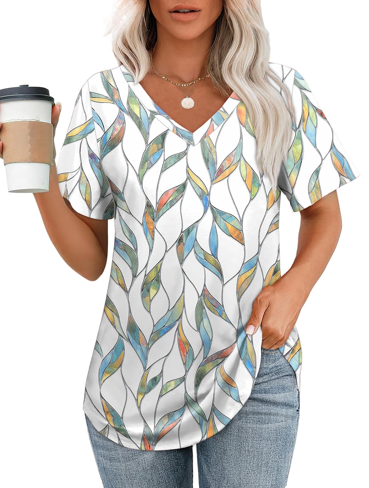 OFEEFAN Womens T Shirts V Neck Short Sleeve Casual Tops Loose Fit Basic Tees with Curved Hem