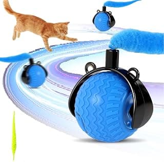 Smart Interactive Cat Toys for Indoor,Automatic Rolling Pet Ball,Teasing Hunting Toy for Kitten,3 Stimulating Modes,USB Recharge and Mouse Tail Toy 2 Tails Bule