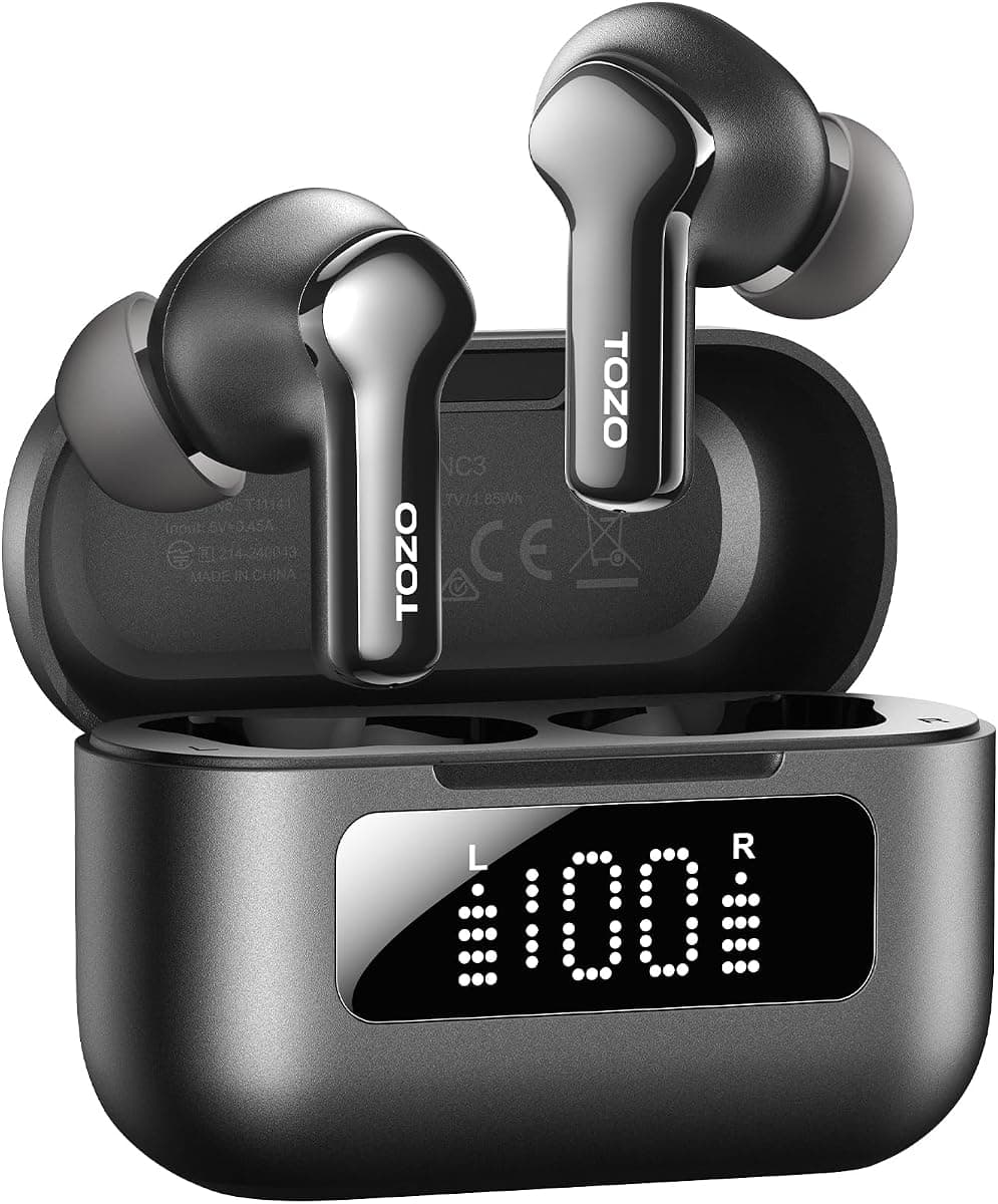 TOZO Hybrid Active Noise Cancelling Wireless Earbuds with 6 Mics AI Clear Call Ear Buds 68H Playtime with LED Display 32 Preset EQs via APP Bluetooth 5.3 IPX8 Waterproof in Ear Headphones