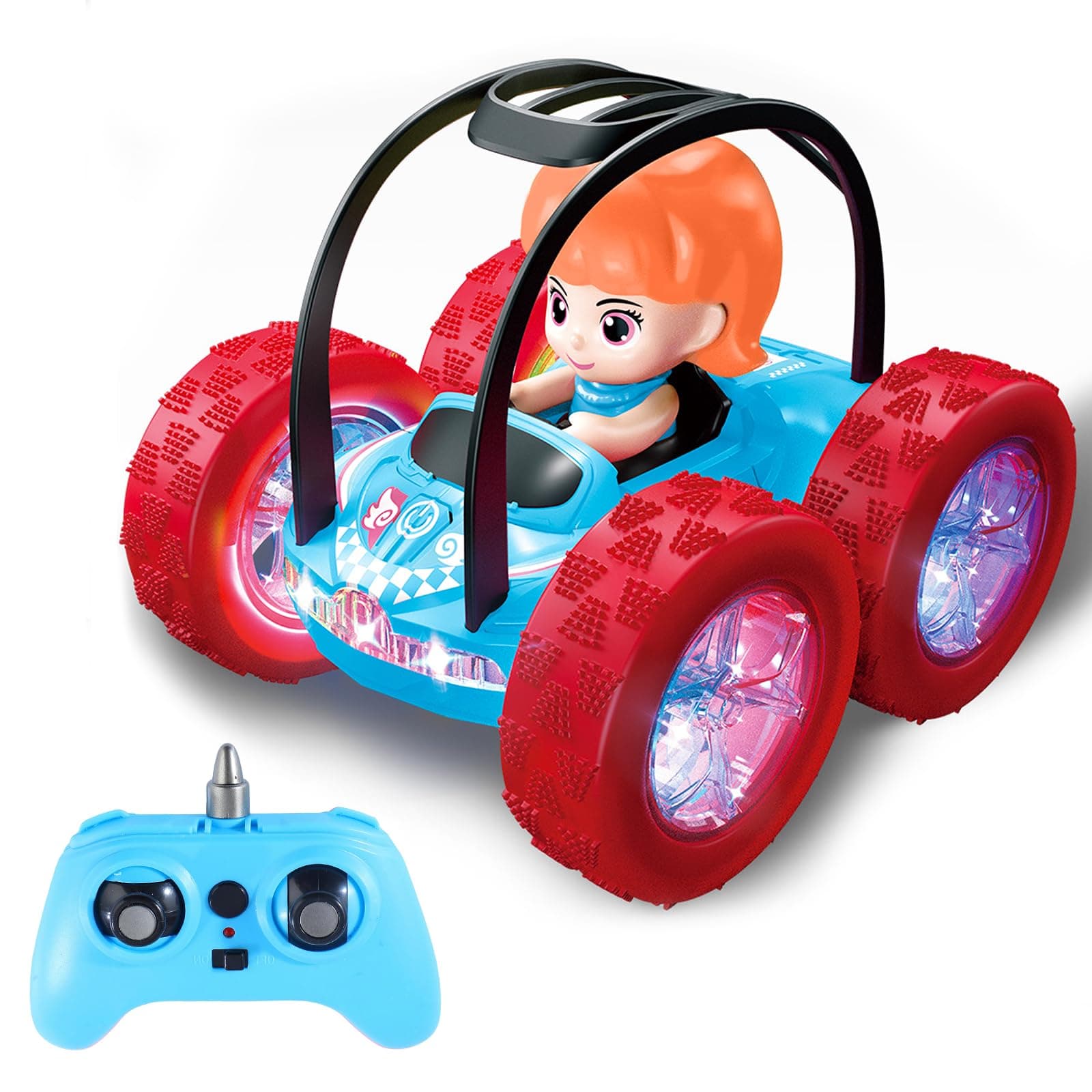 4WD RC Stunt Car for Kids Ages 3+, Blue Car with Girl | LED lights, built-in music, 360° spins, 180° flips, 2.4GHz remote, solid tires, garden grass play